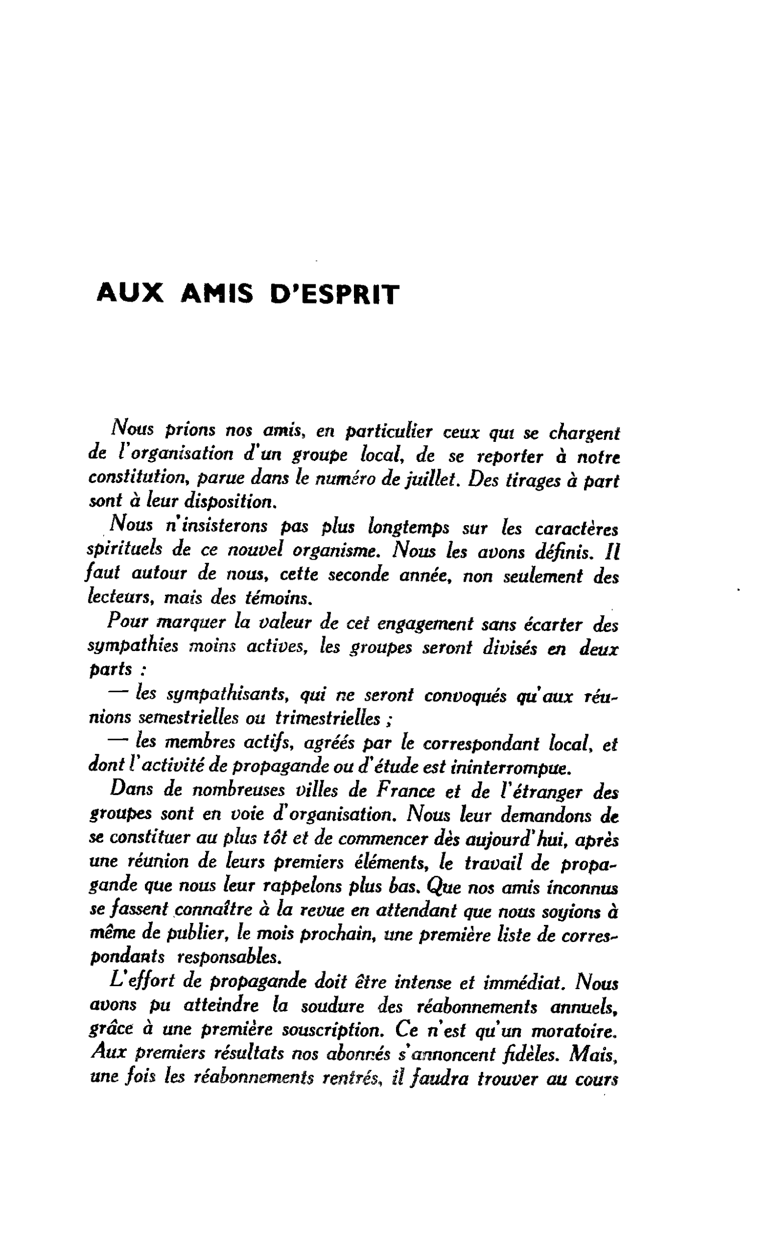 AUX AMIS D’ESPRIT