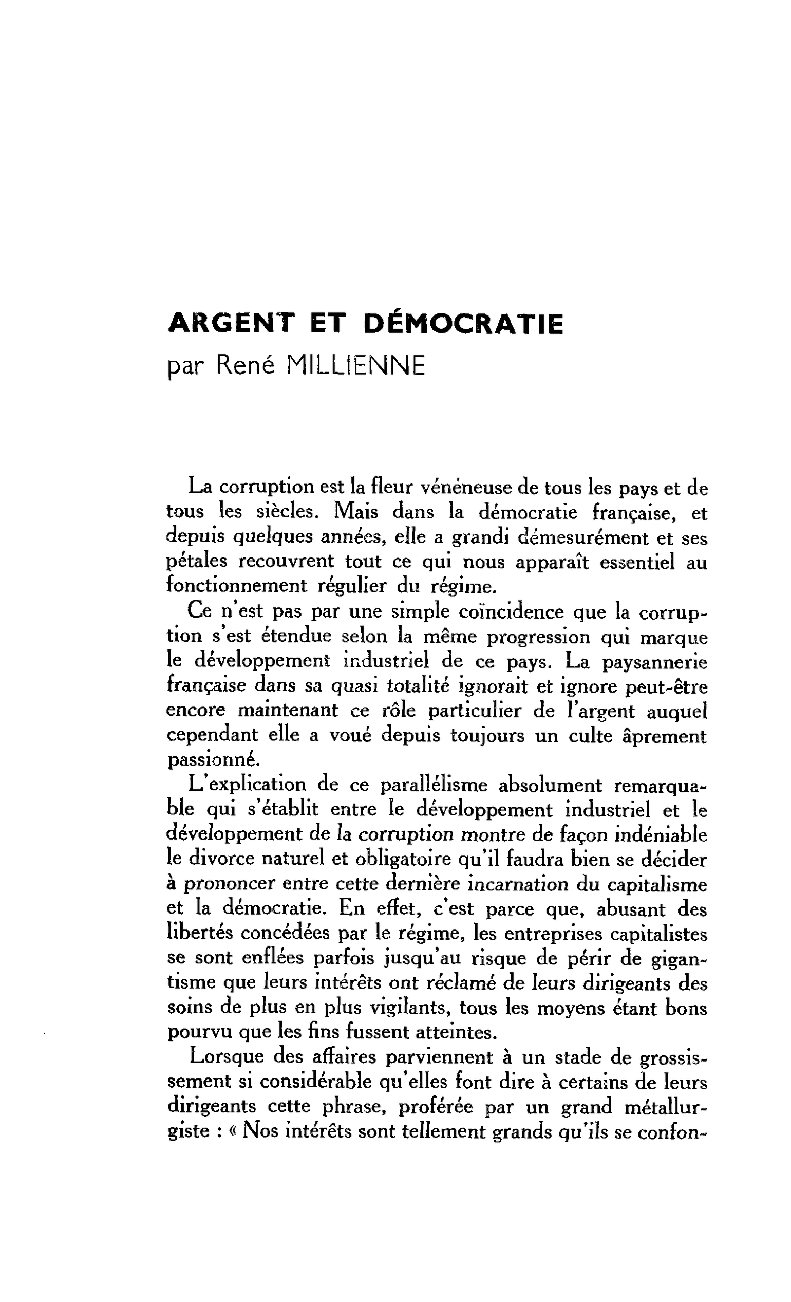 ARGENT ET DÉMOCRATIE
