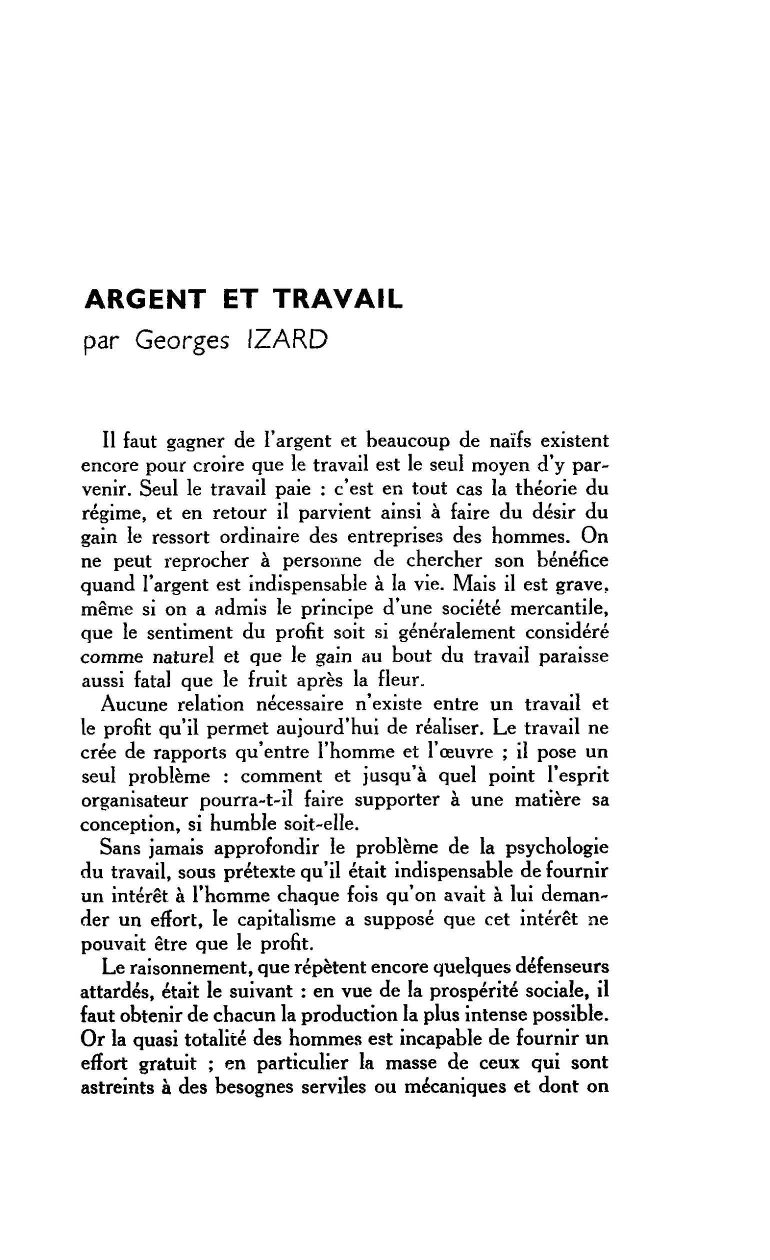 ARGENT ET TRAVAIL