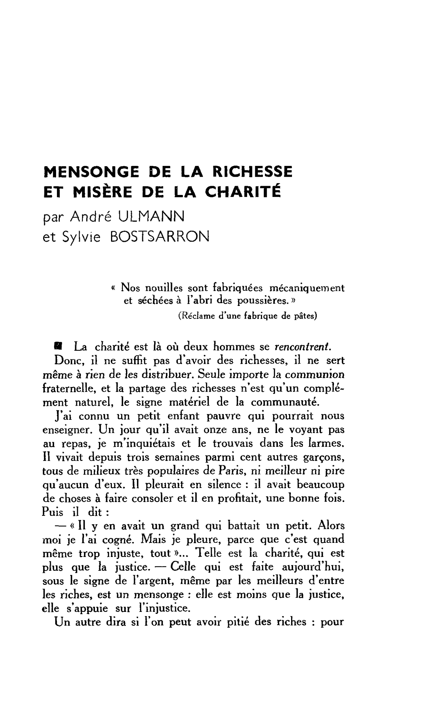 MENSONGE DE LA RICHESSE ET MISÈRE DE LA CHARITÉ