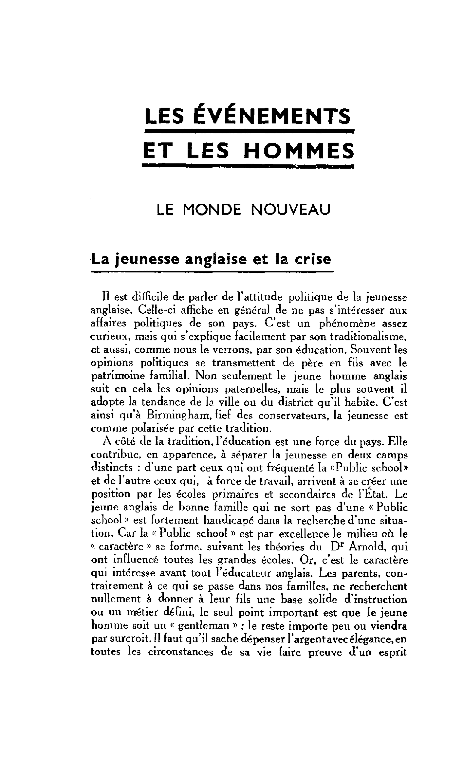 LE MONDE NOUVEAU. La jeunesse anglaise et la crise