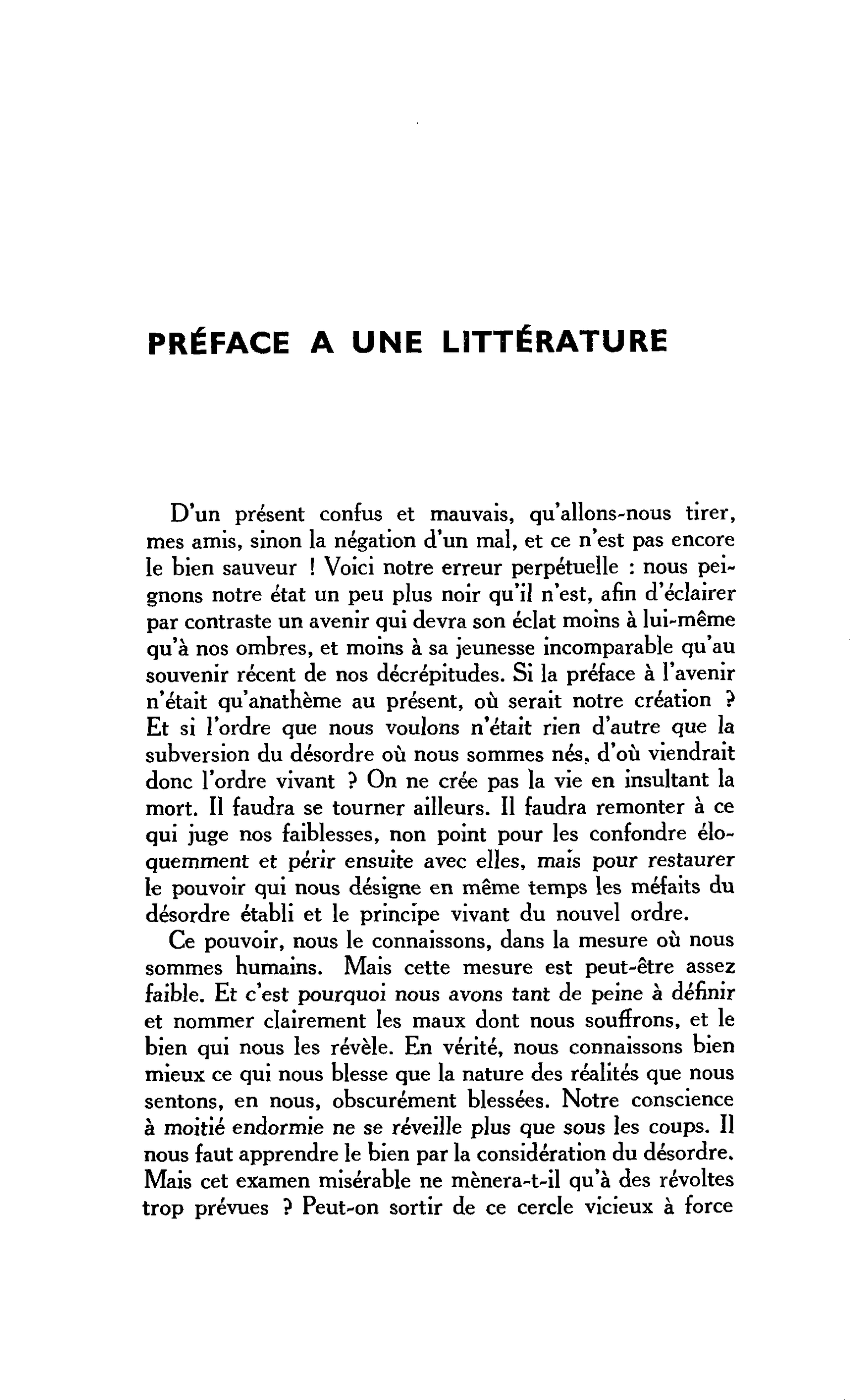 PRÉFACE A UNE LITTÉRATURE