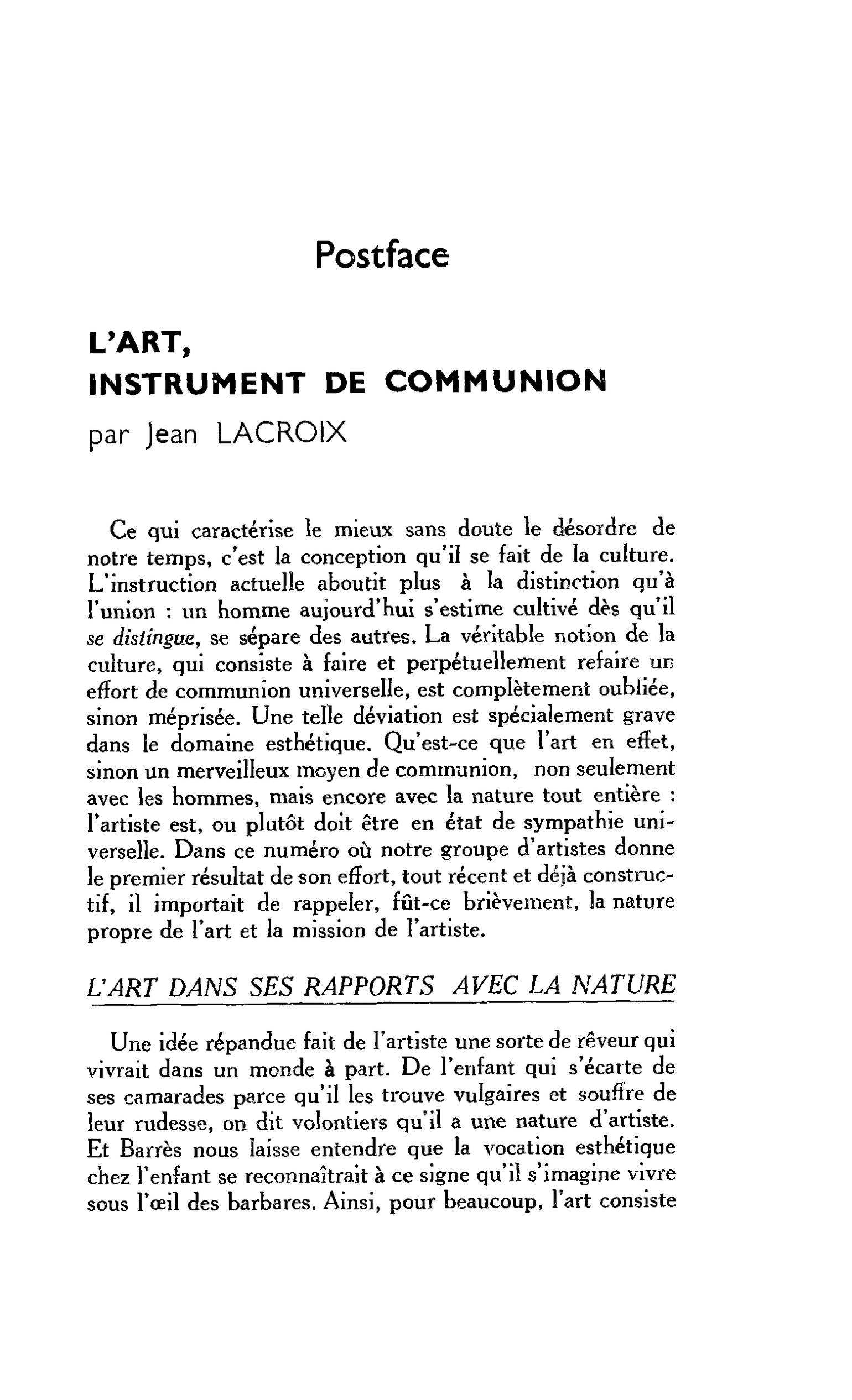 Postface. L’art, instrument de communion