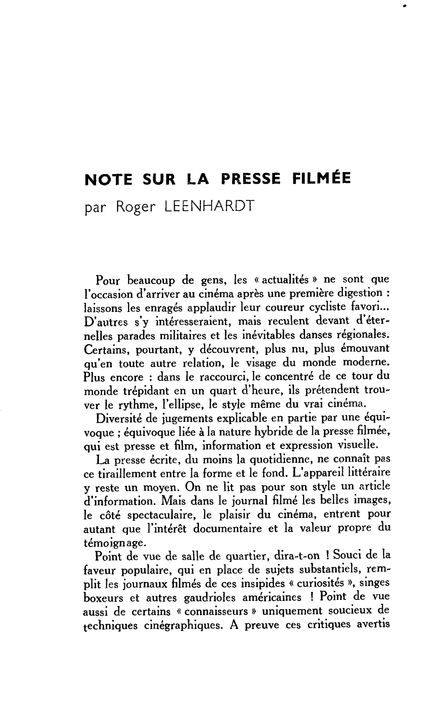 NOTE SUR LA PRESSE FILMÉE