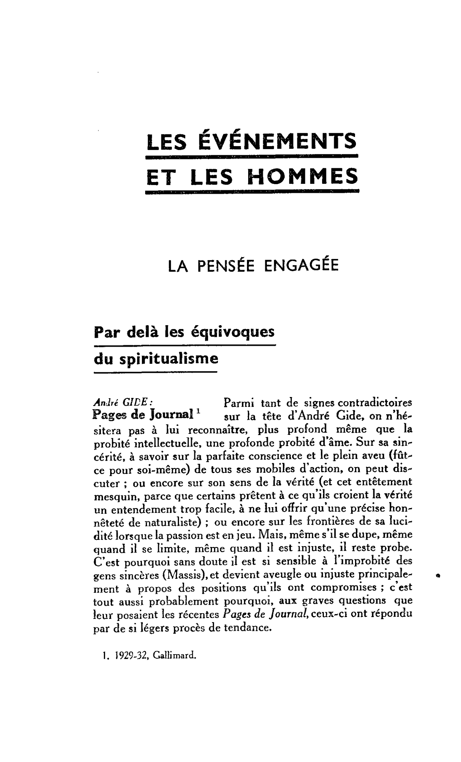 LA PENSÉE ENGAGÉE. Par delà les équivoques du spiritualisme André GIDE : Pages de Journal