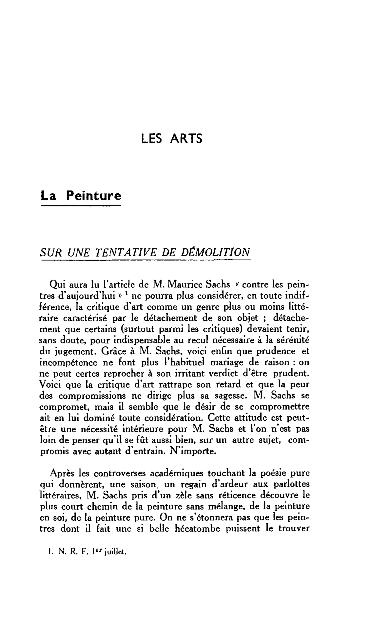 LES ARTS. La Peinture. SUR UNE TENTATIVE DE DÉMOLITION
