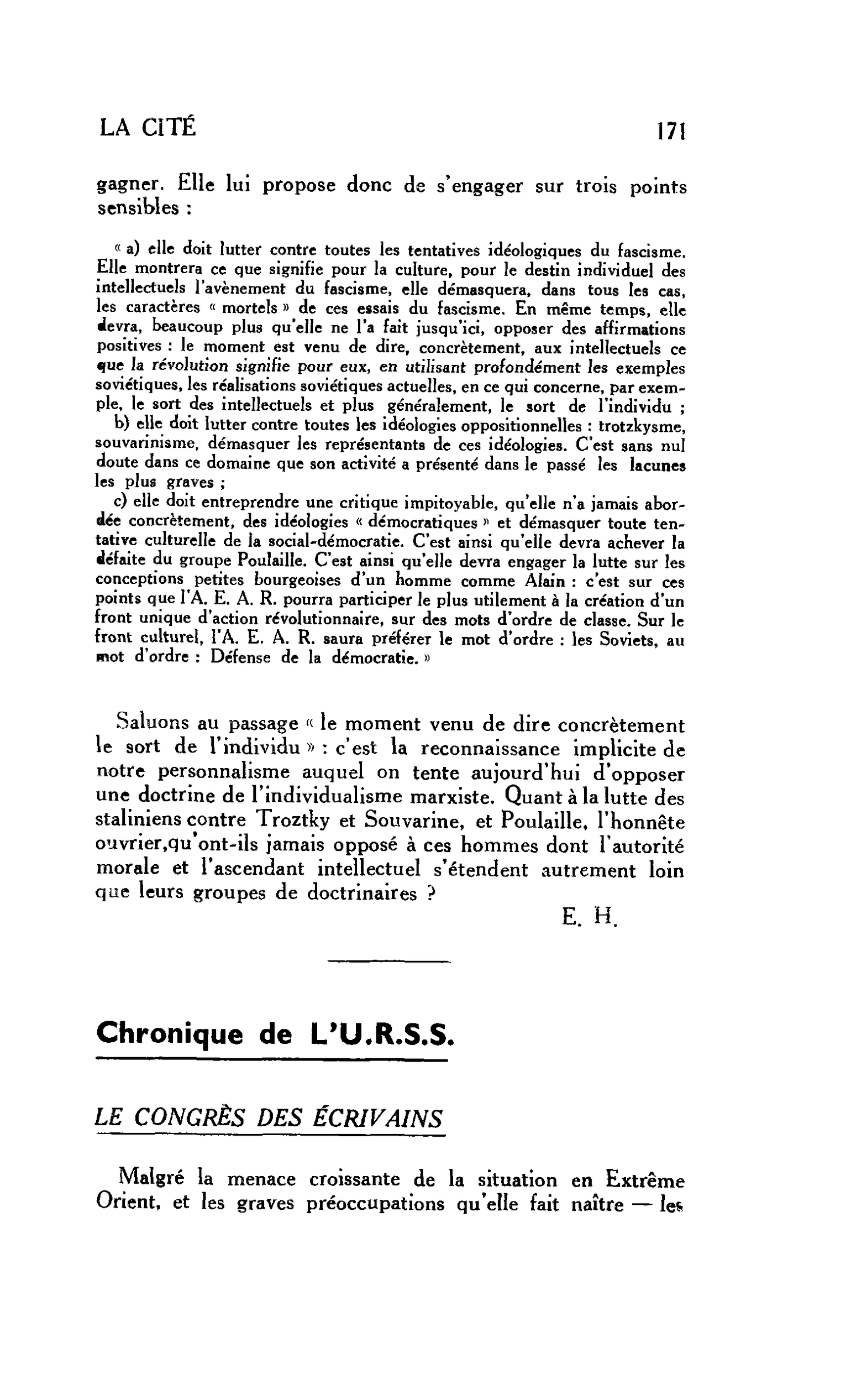 LA CITÉ : Chronique de L’U.R.S.S. LE CONGRÈS DES ÉCRIVAINS