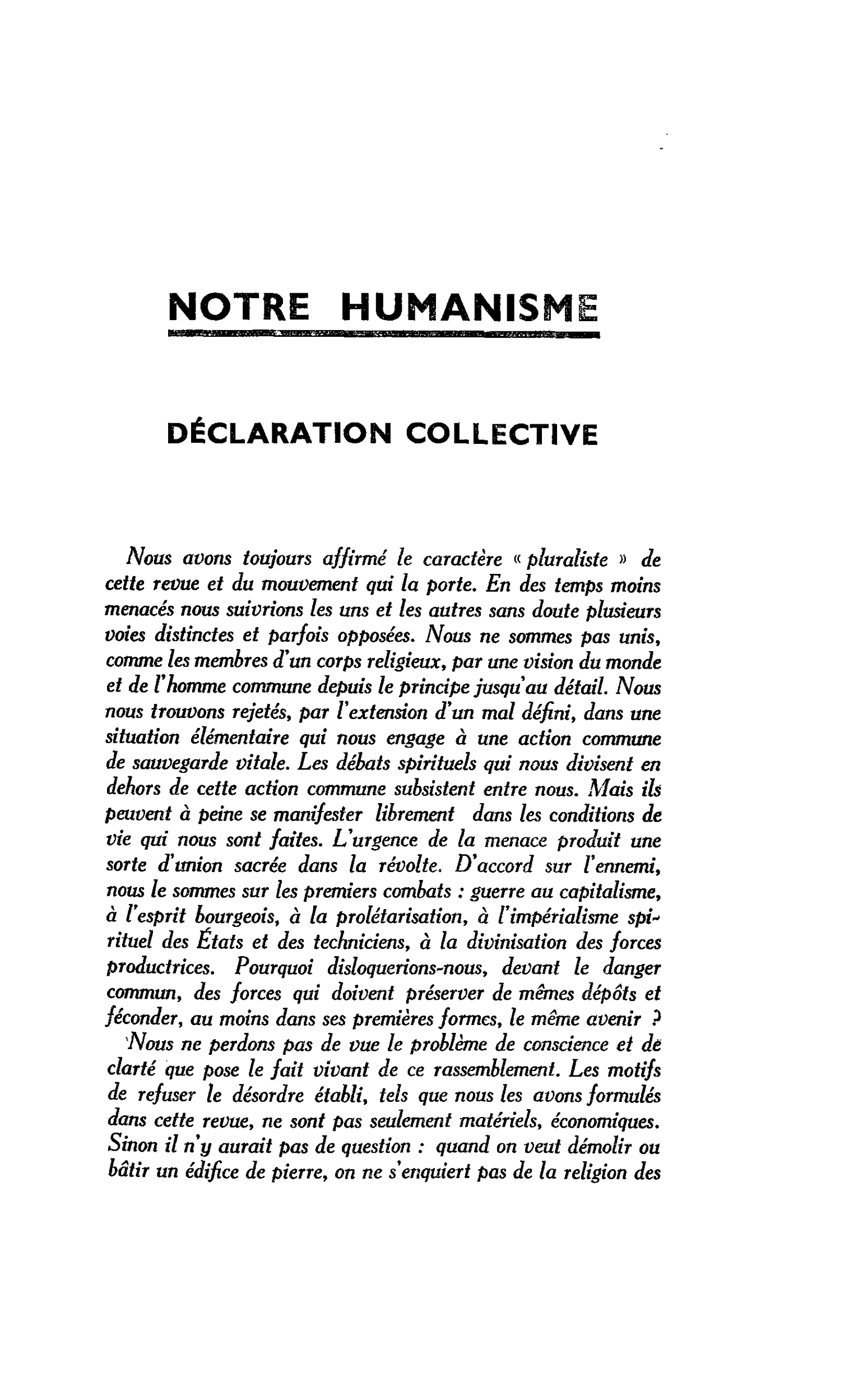 NOTRE HUMANISME DÉCLARATION COLLECTIVE