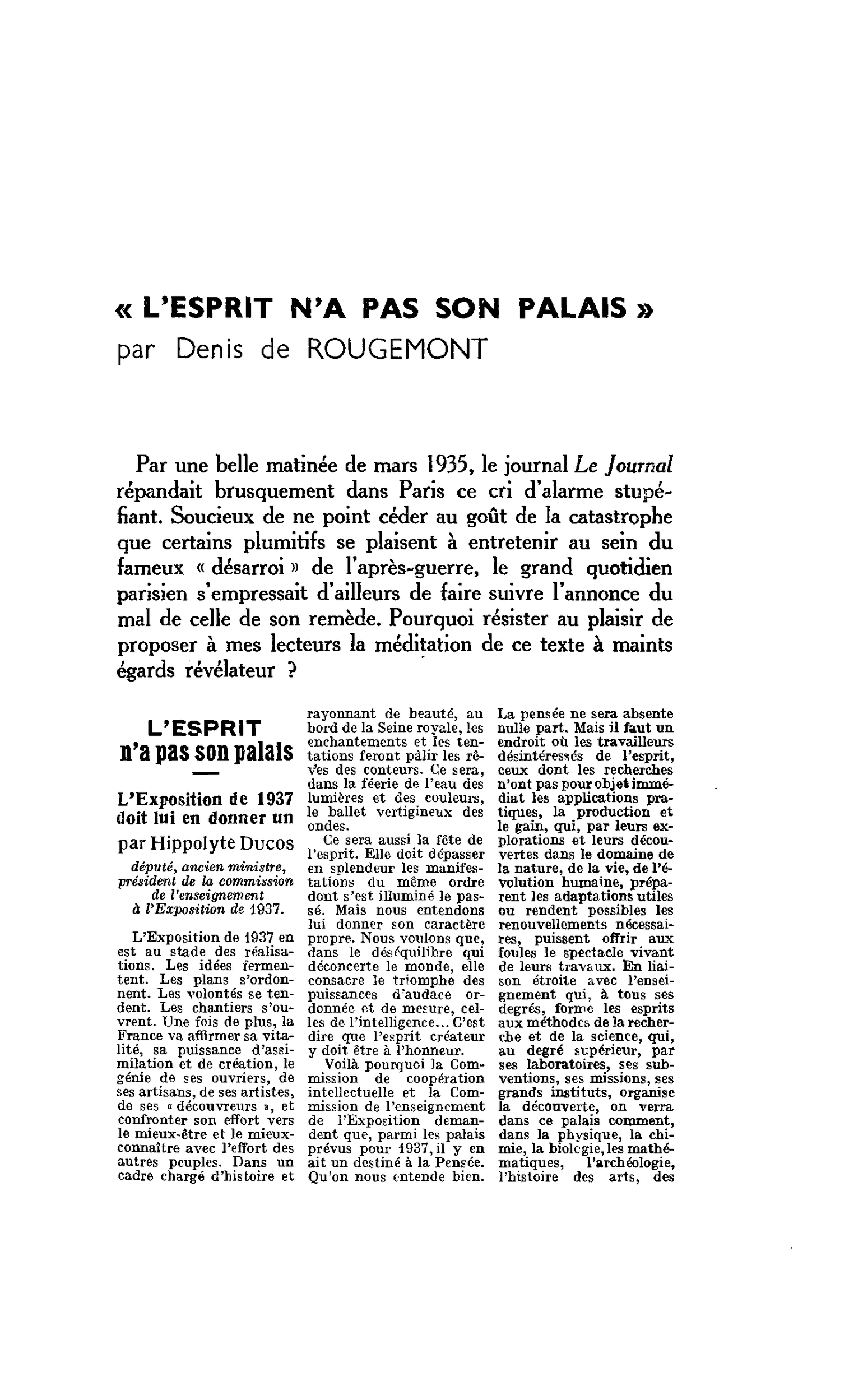 « L’ESPRIT N’A PAS SON PALAIS »