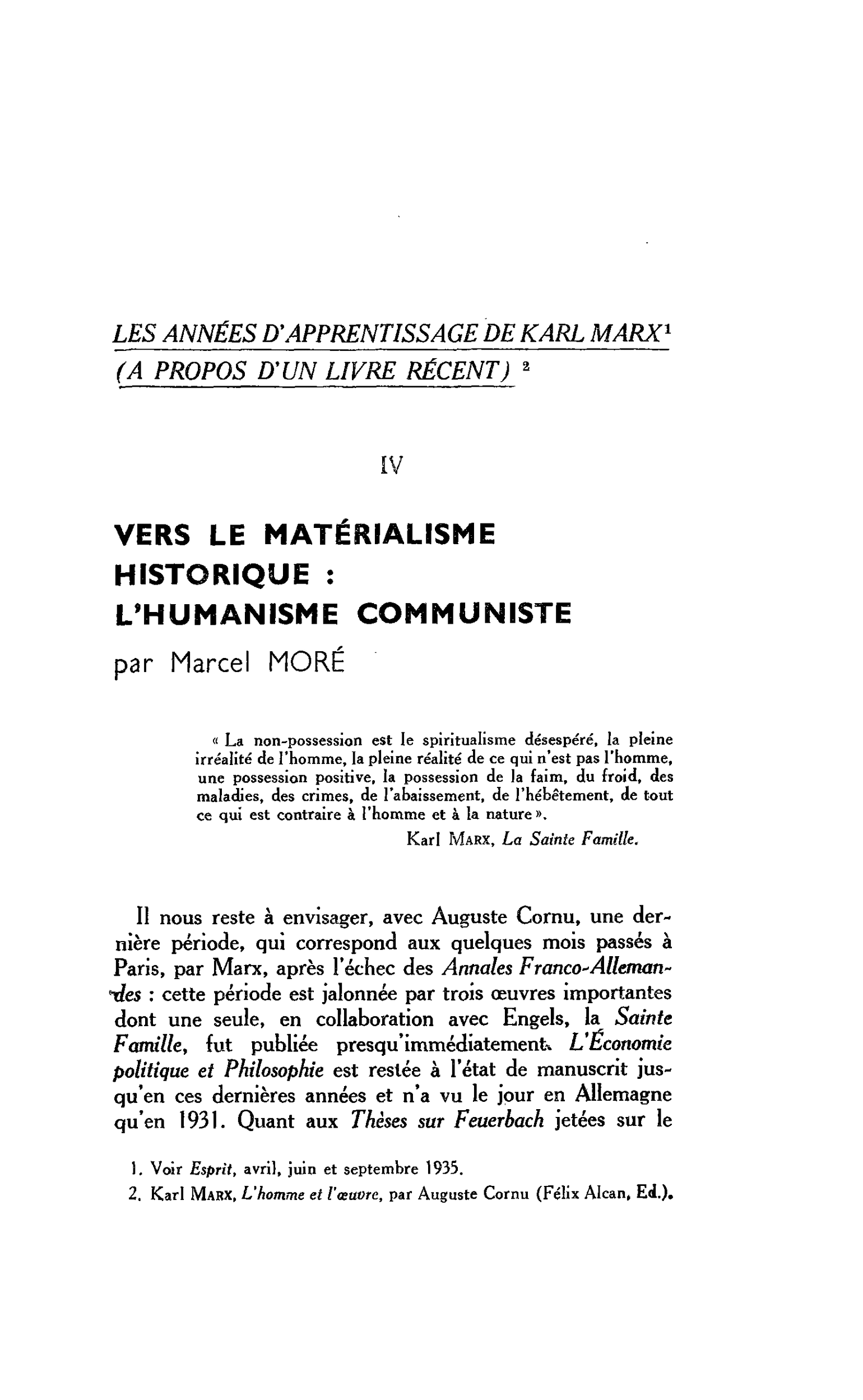 VERS LE MATÉRIALISME HISTORIQUE : L’HUMANISME COMMUNISTE