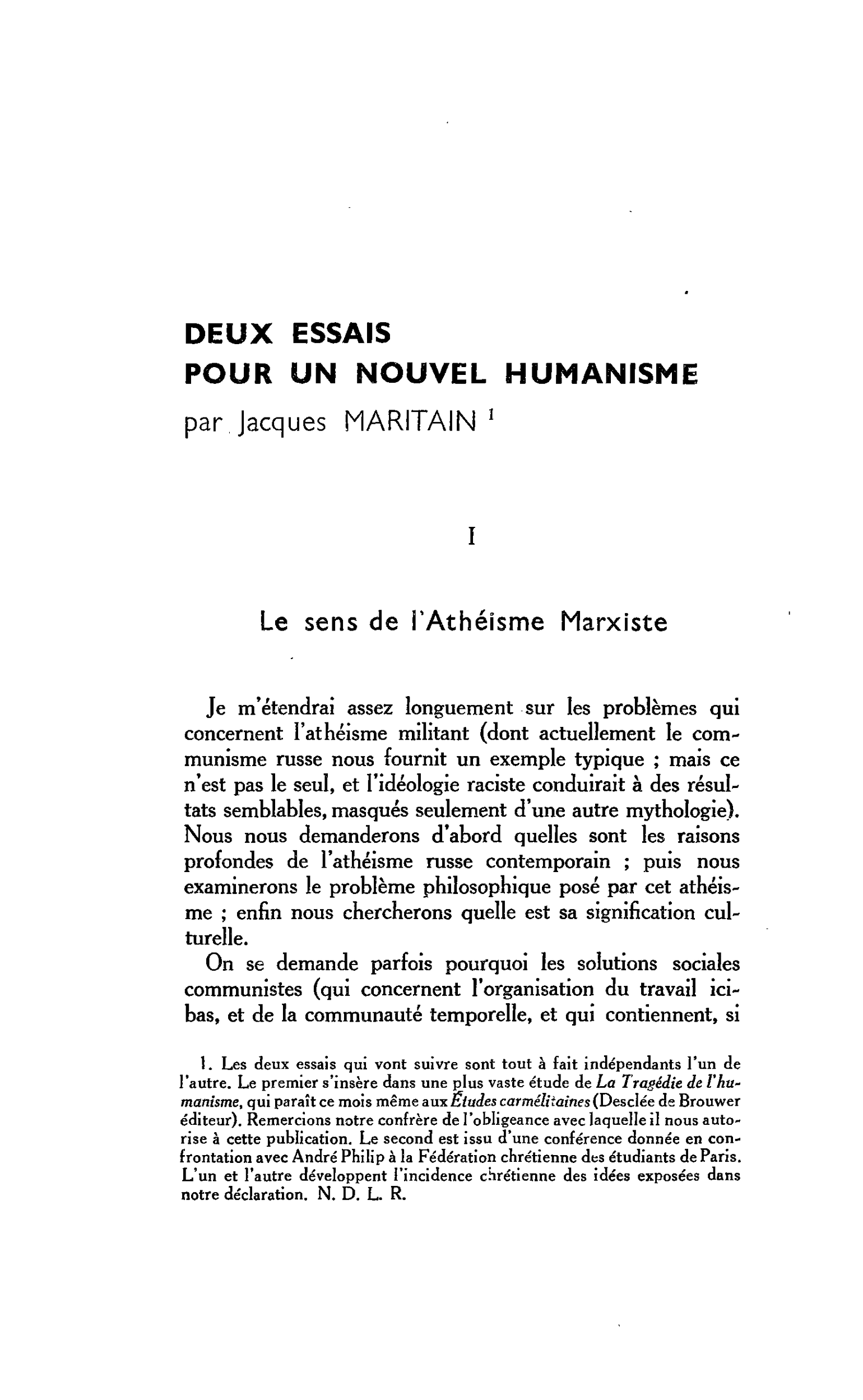 DEUX ESSAIS POUR UN NOUVEL HUMANISME