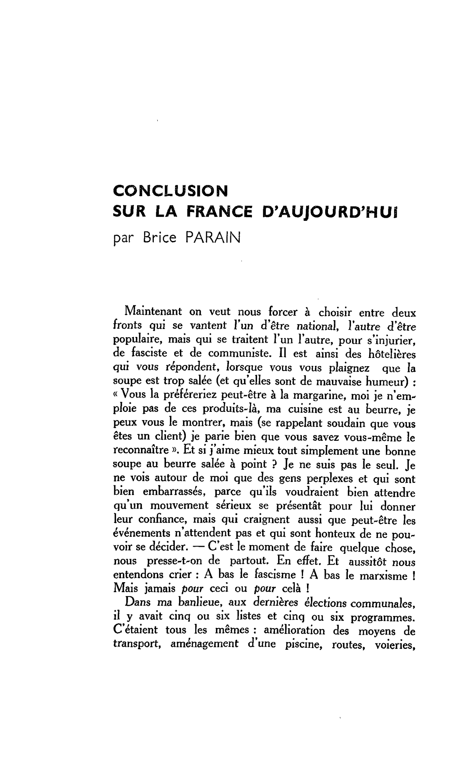 CONCLUSION SUR LA FRANCE D’AUJOURD’HUI