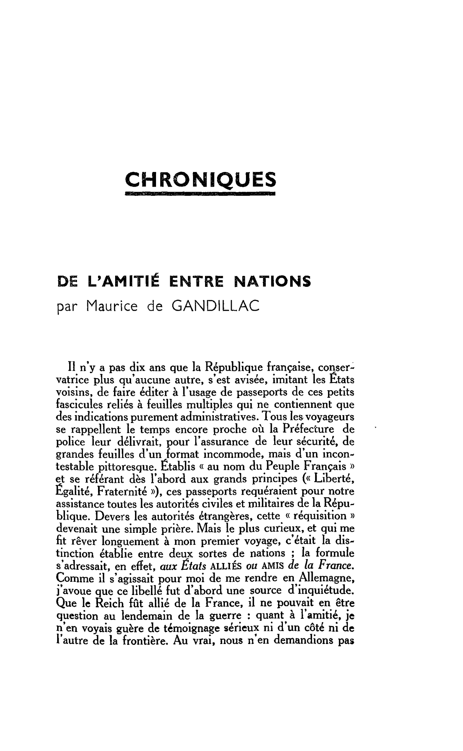 DE L’AMITIÉ ENTRE NATIONS