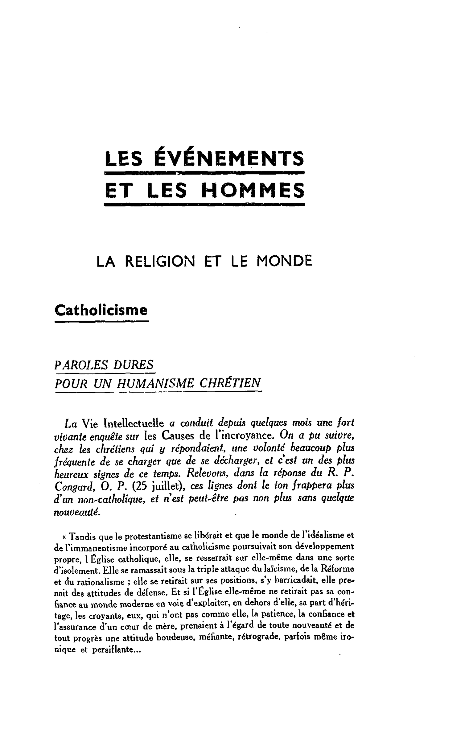 LA RELIGION ET LE MONDE Catholicisme PAROLES DURES POUR UN HUMANISME CHRÉTIEN