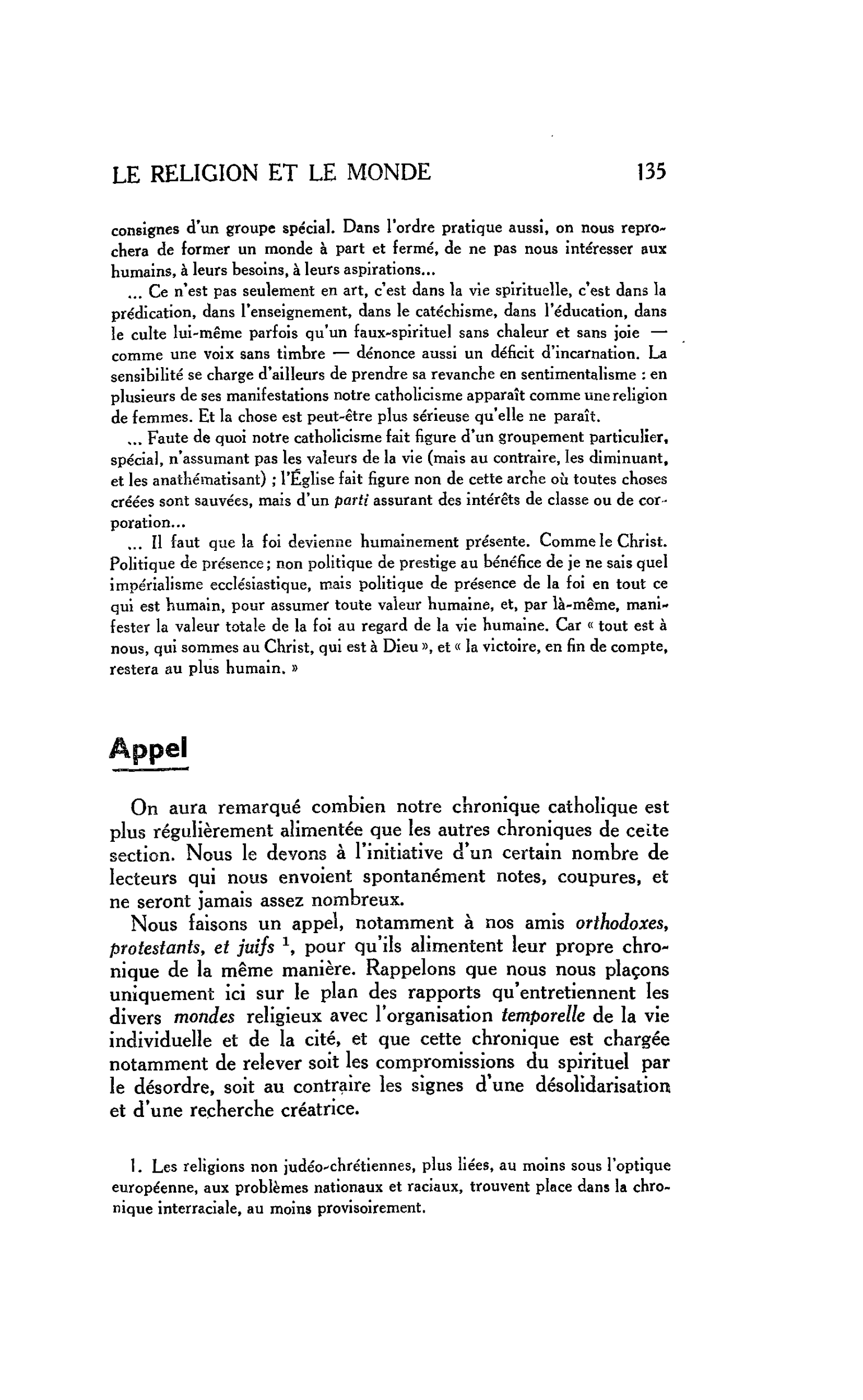 LA RELIGION ET LE MONDE : Appel