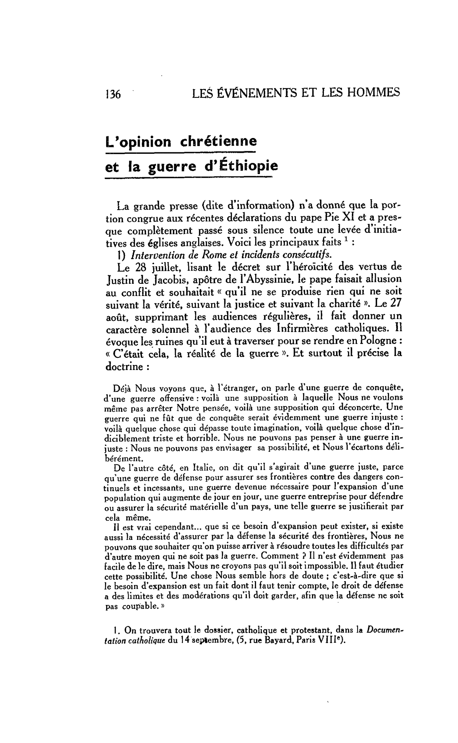 La relition et le monde : L’opinion chrétienne et la guerre d’Ethiopie