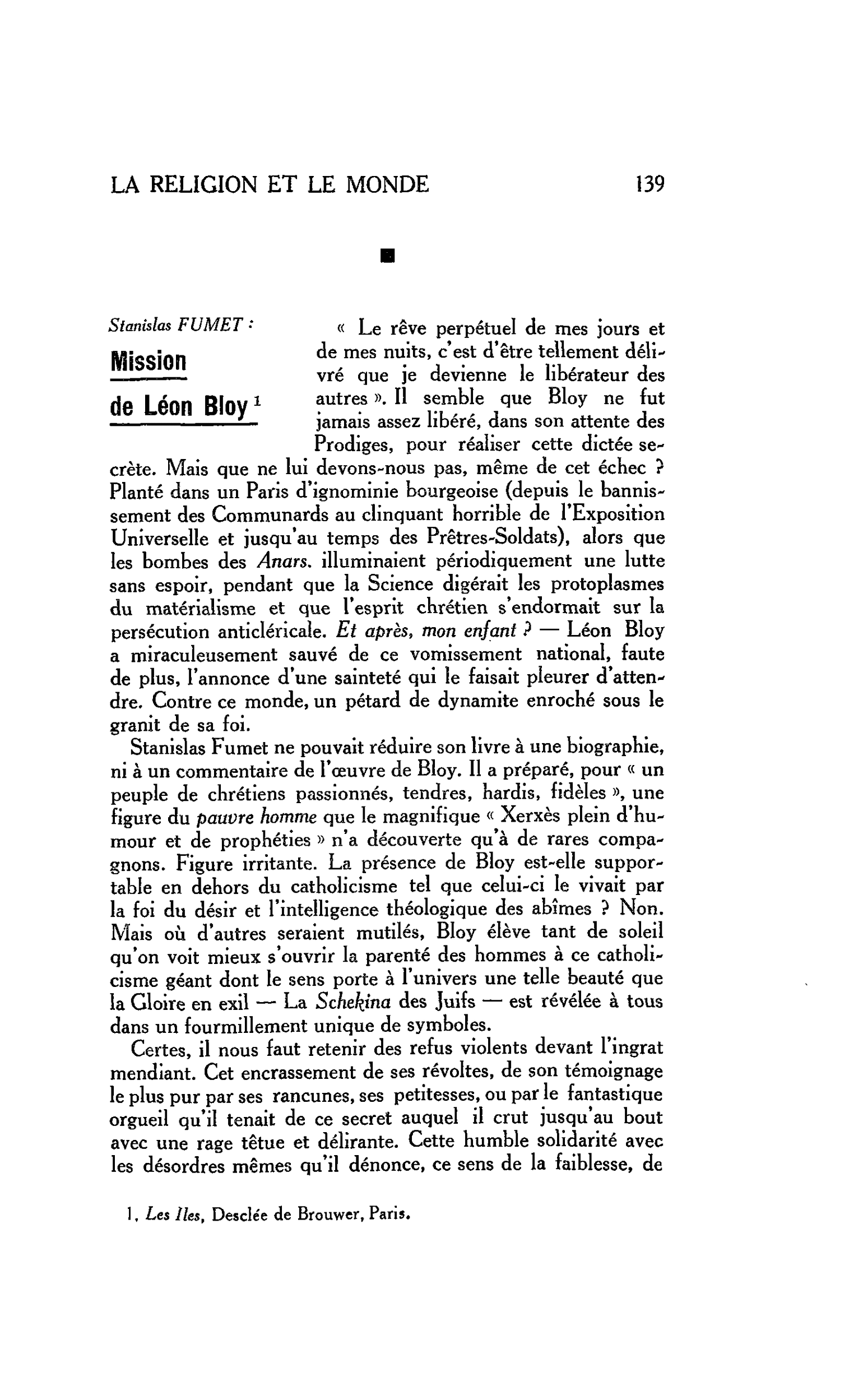 LA RELIGION ET LE MONDE : Stanislas FUMET : Mission de Léon Bloy