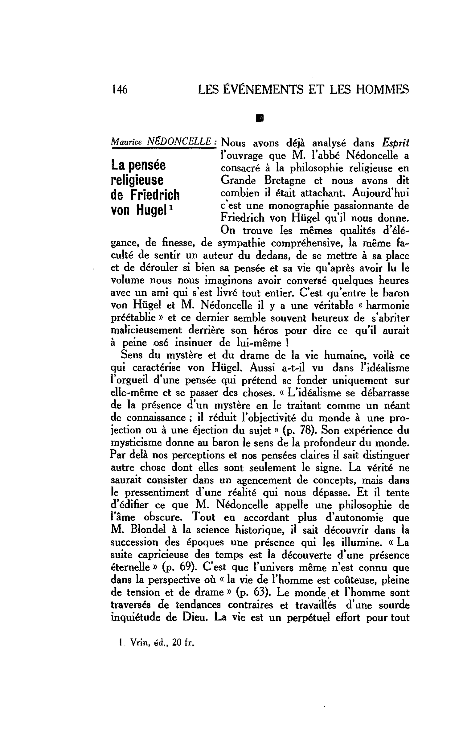 LA PENSÉE ENGAGÉE : Maurice NÉDONCELLE : La pensée religieuse de Friedrich von Hugel