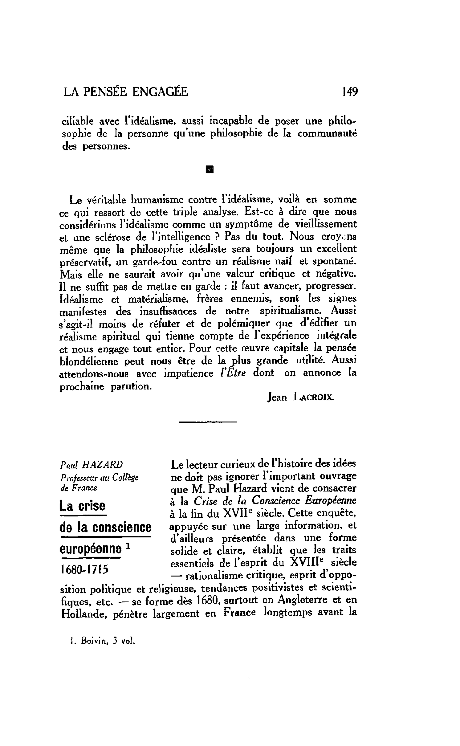 LA PENSÉE ENGAGÉE : Paul HAZARD. Professeur au Collège de France. La crise de la conscience européenne 1680-1715