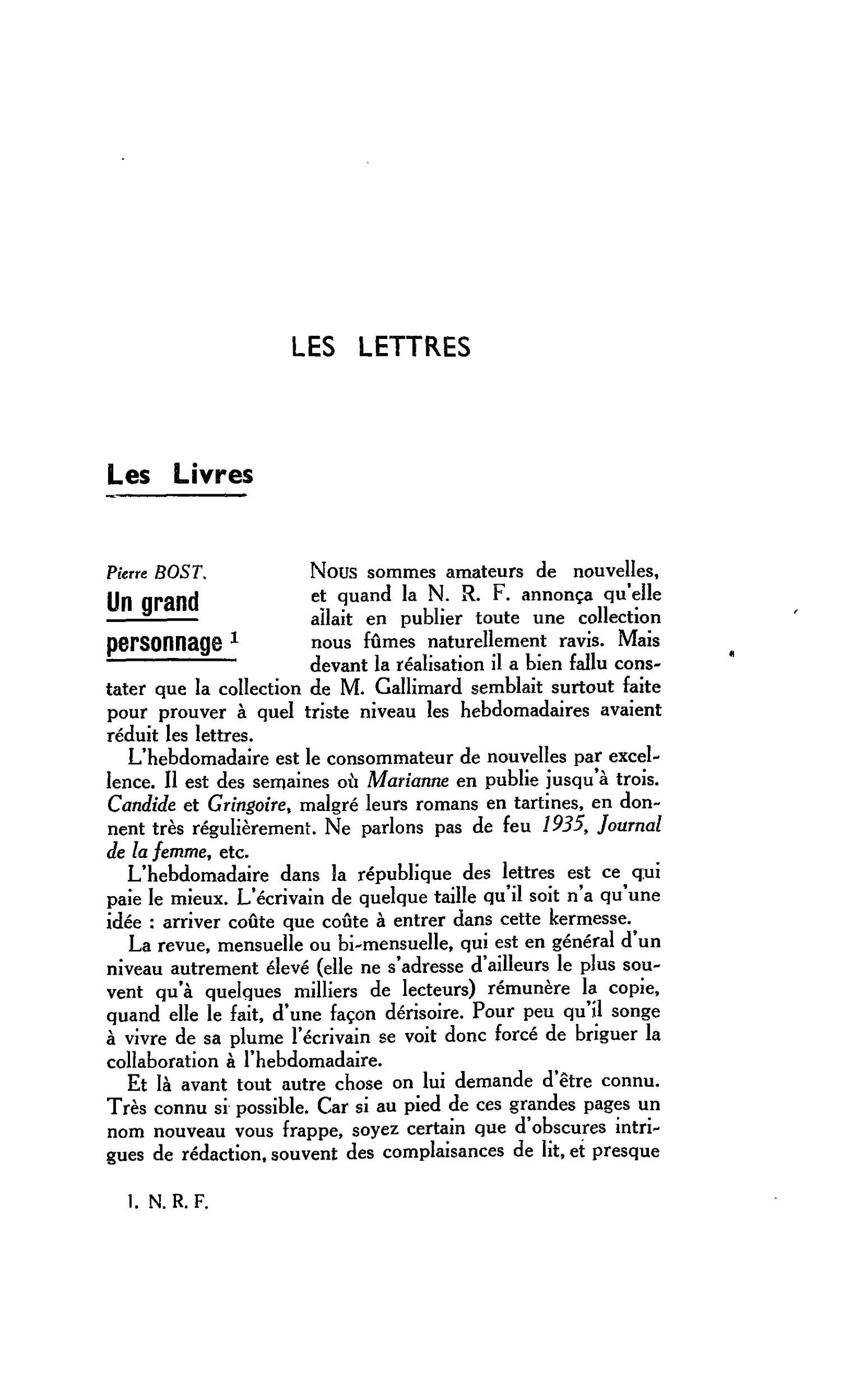 LES LETTRES Pierre BOST. Un grand personnage