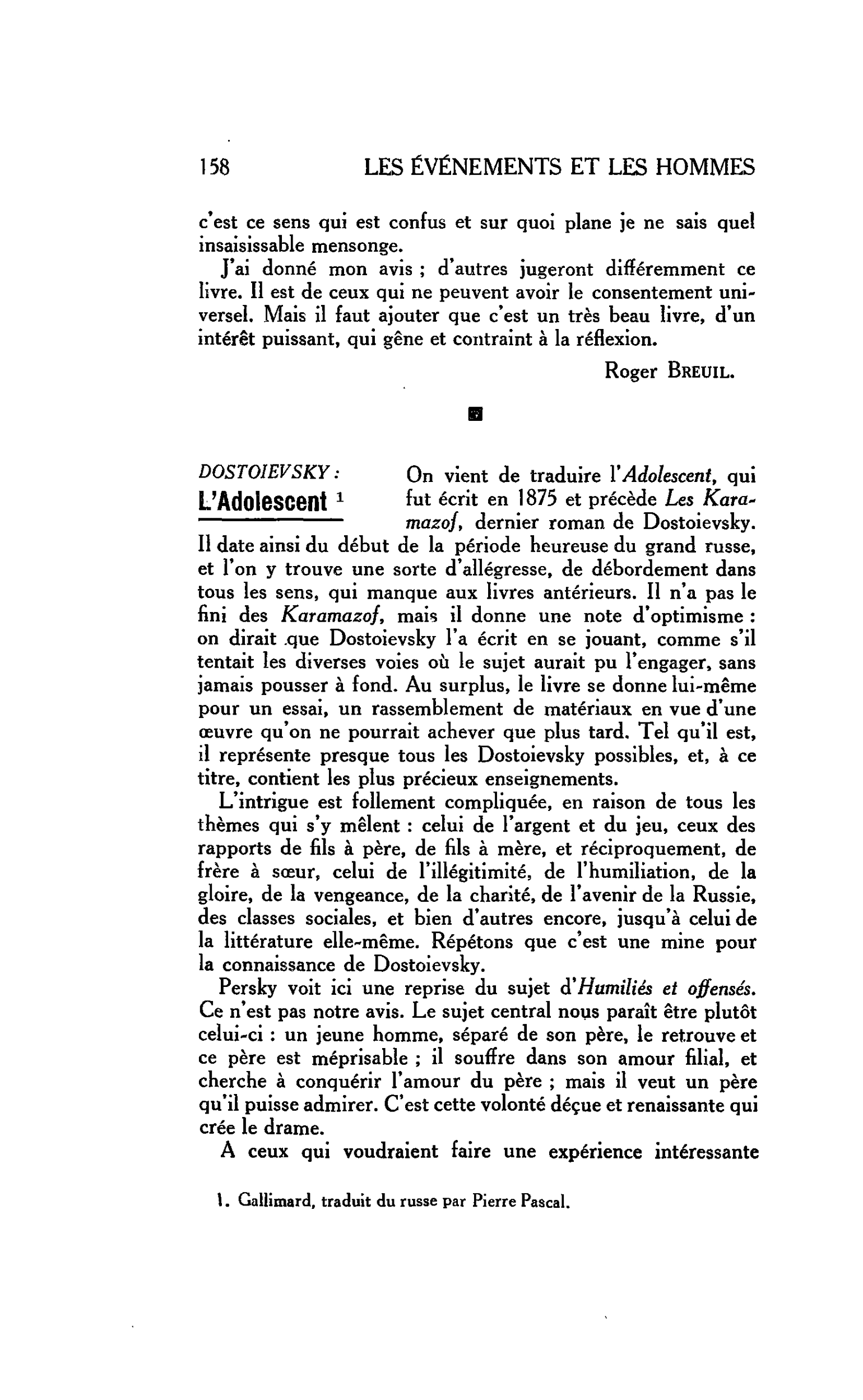 LES LETTRES : DOSTOIEVSKY : L’Adolescent