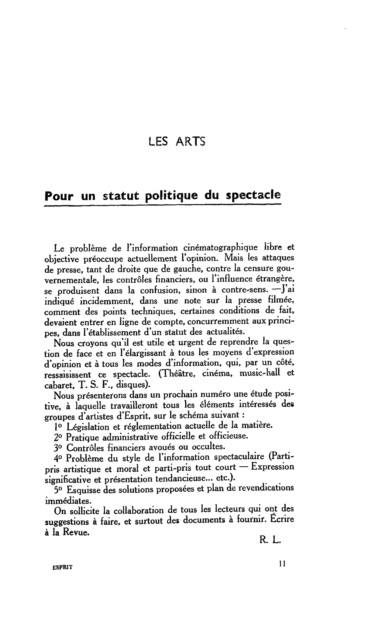 LES ARTS Pour un statut politique du spectacle