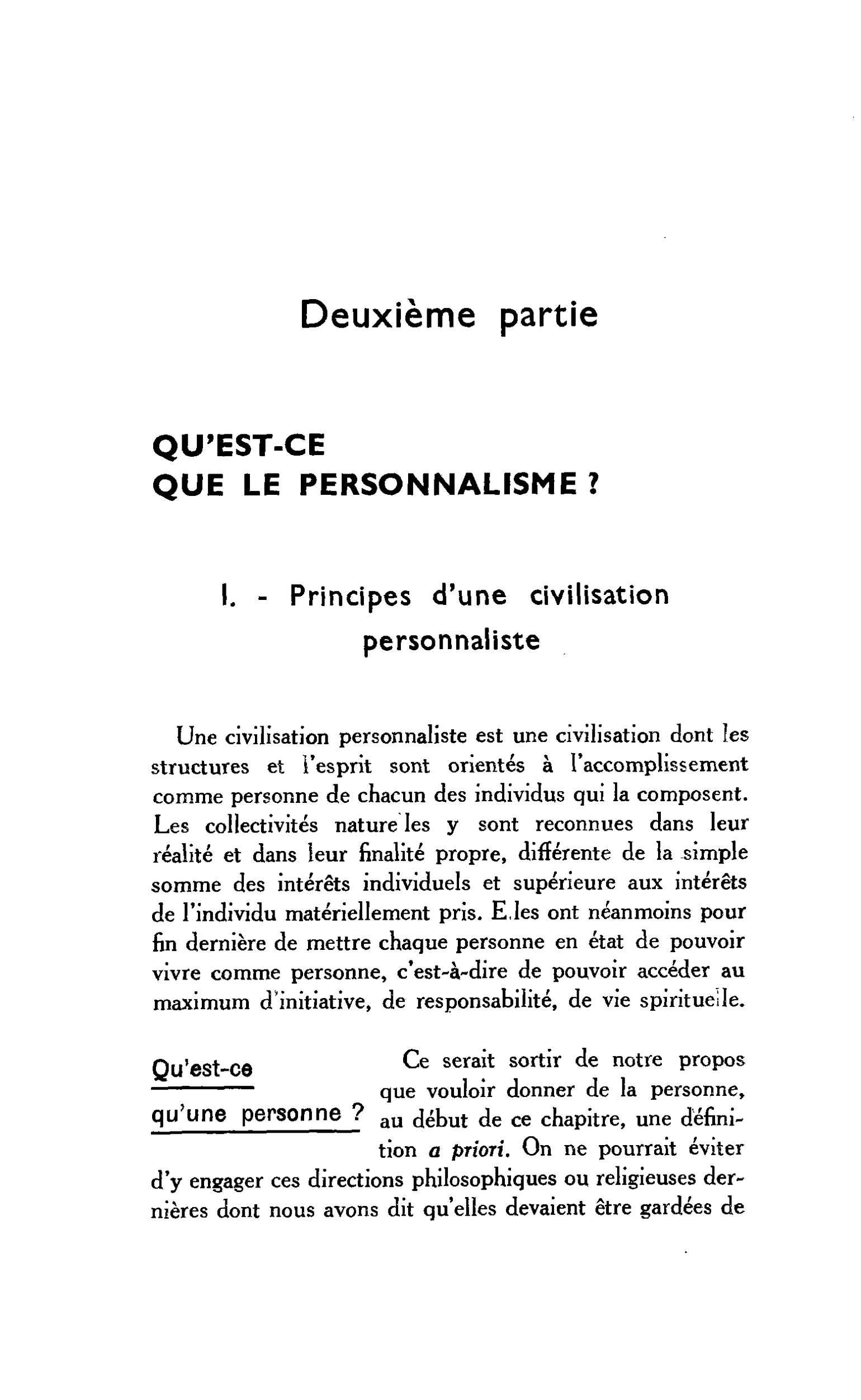 Deuxième partie. QU’EST-CE QUE LE PERSONNALISME ?