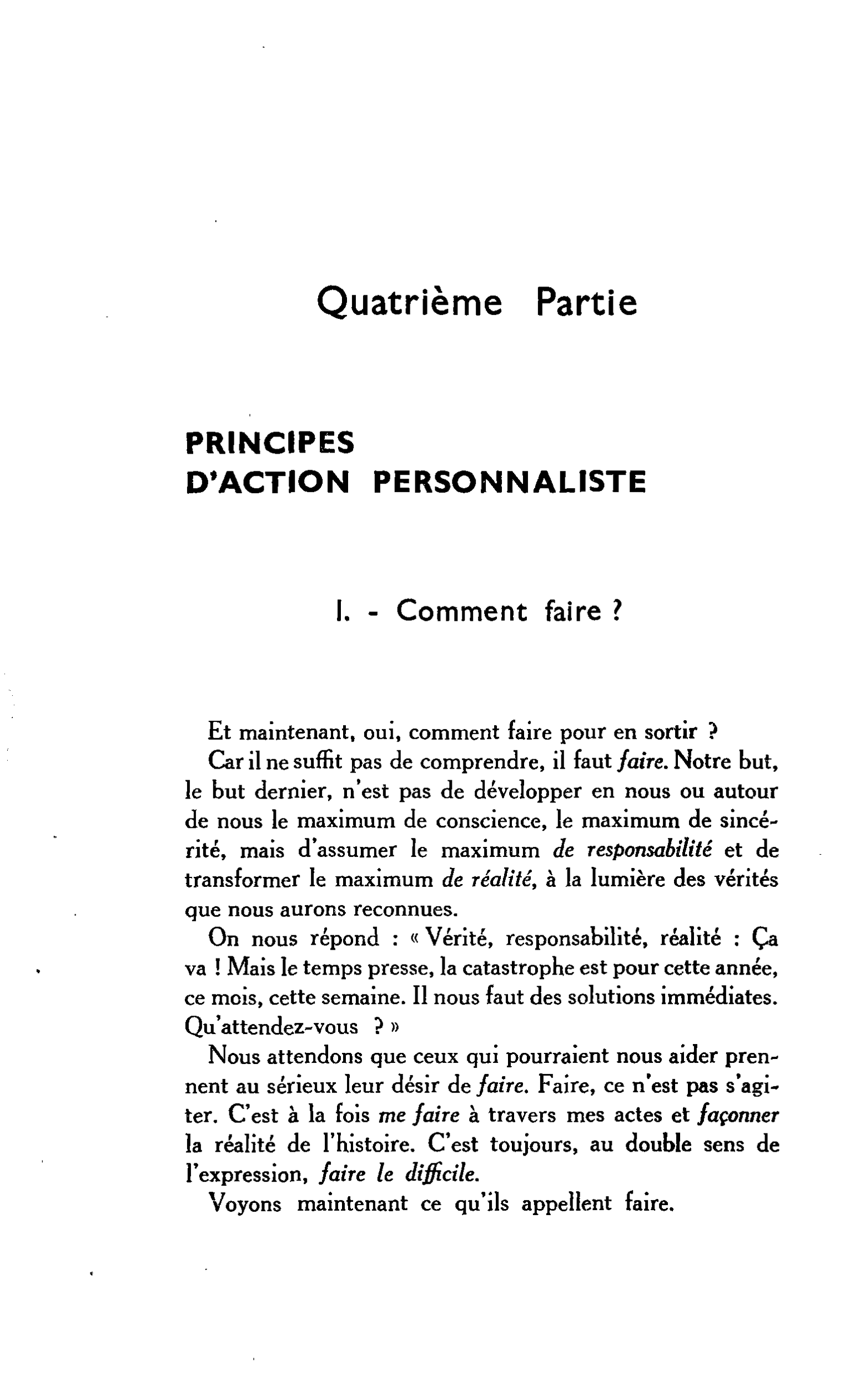 Quatrième Partie. Principes d’action personnaliste
