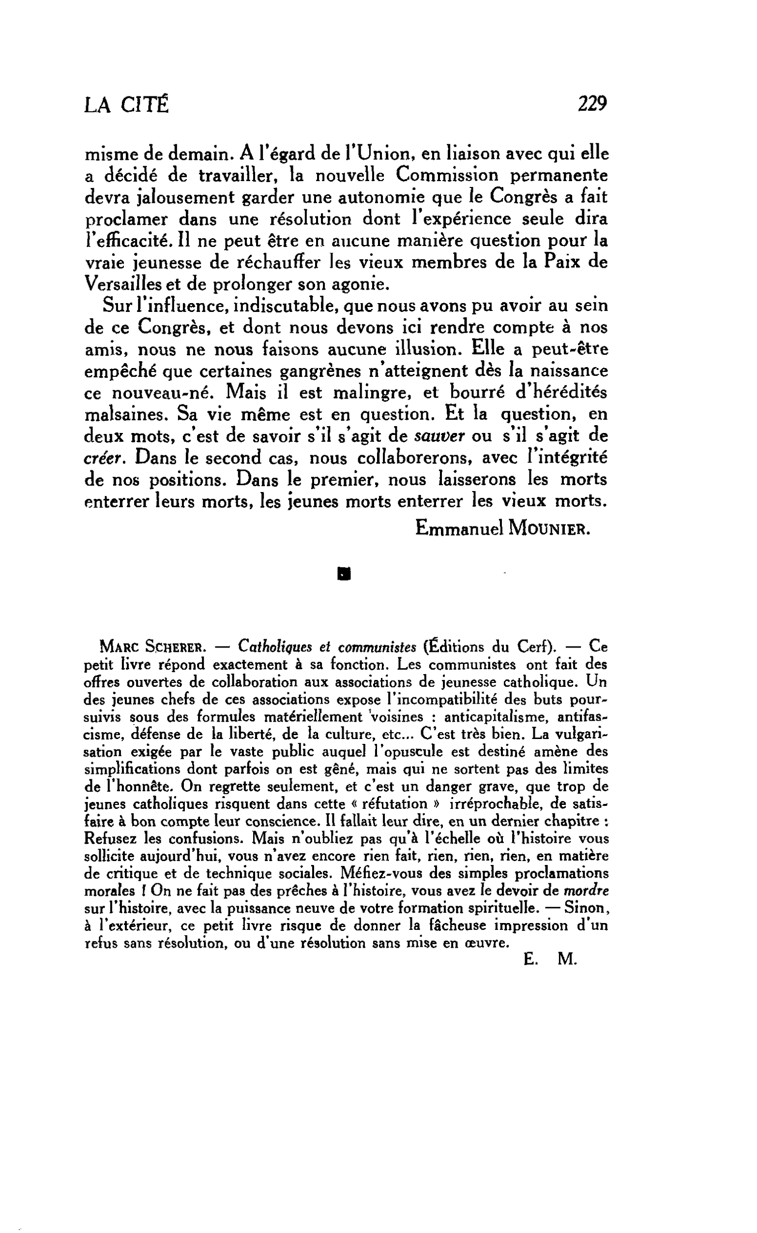 LA CITÉ. Journal des Témoins : Marc SCHERER. ? Catholiques et communistes