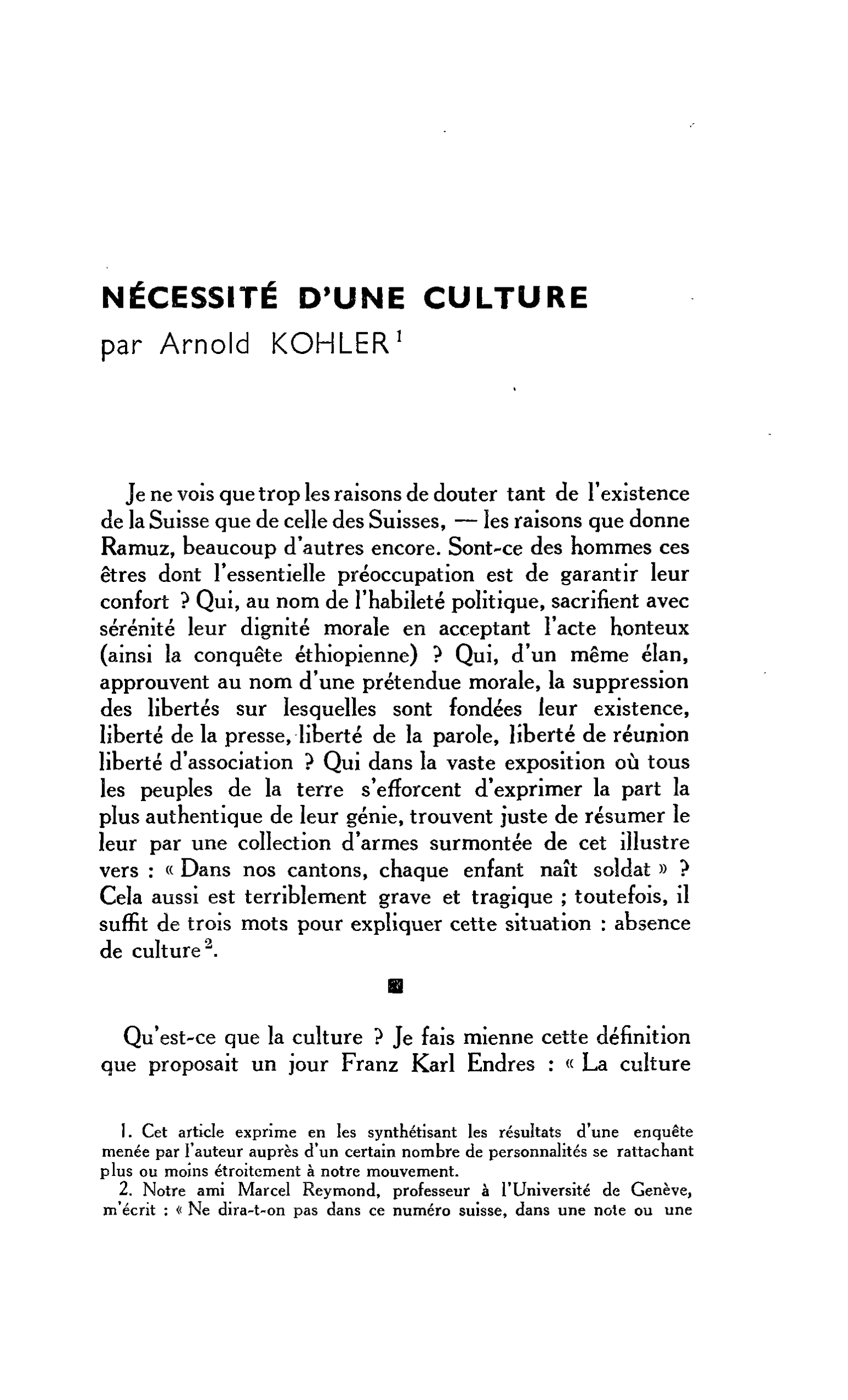 NÉCESSITÉ D’UNE CULTURE
