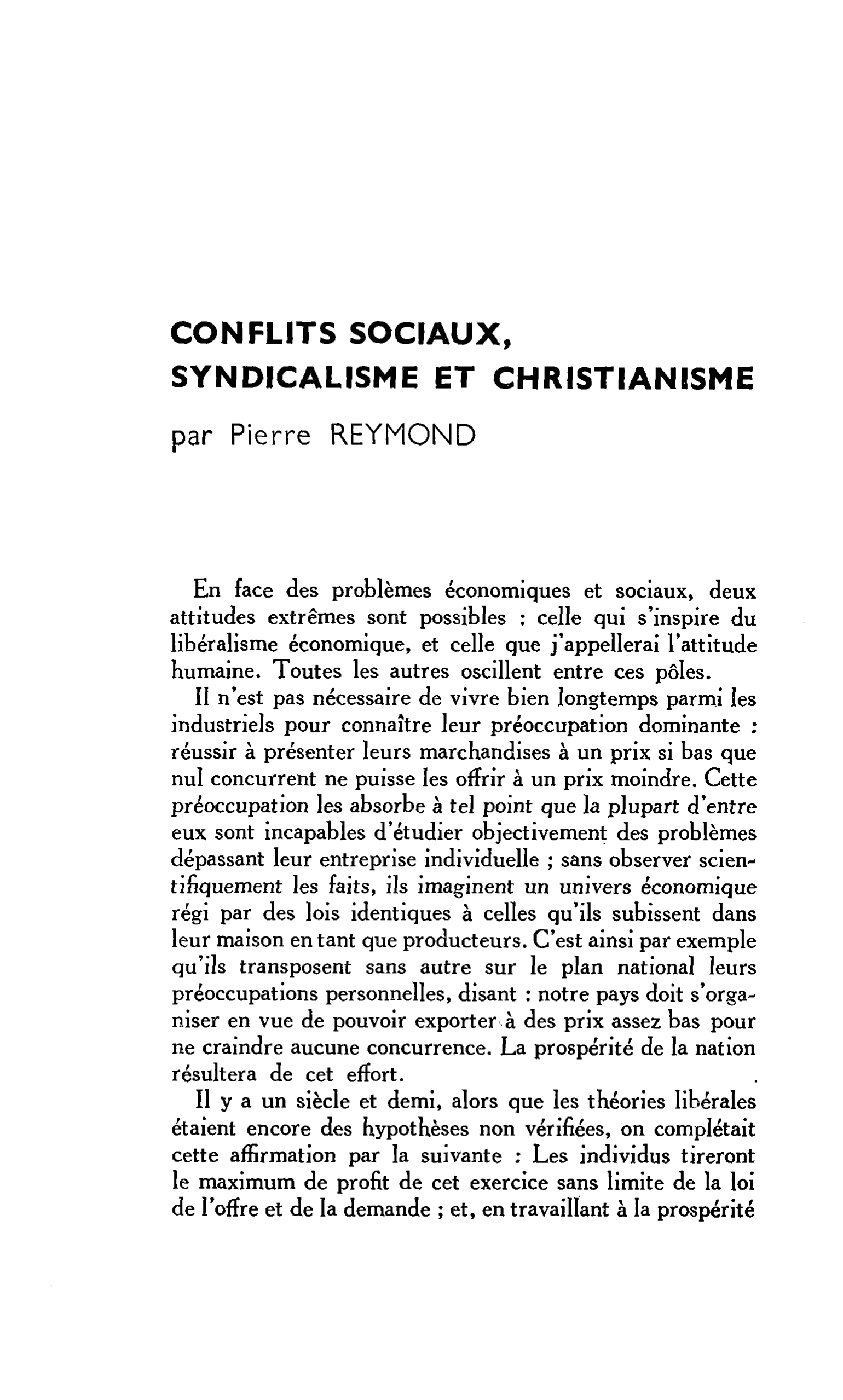 CONFLITS SOCIAUX, SYNDICALISME ET CHRISTIANISME