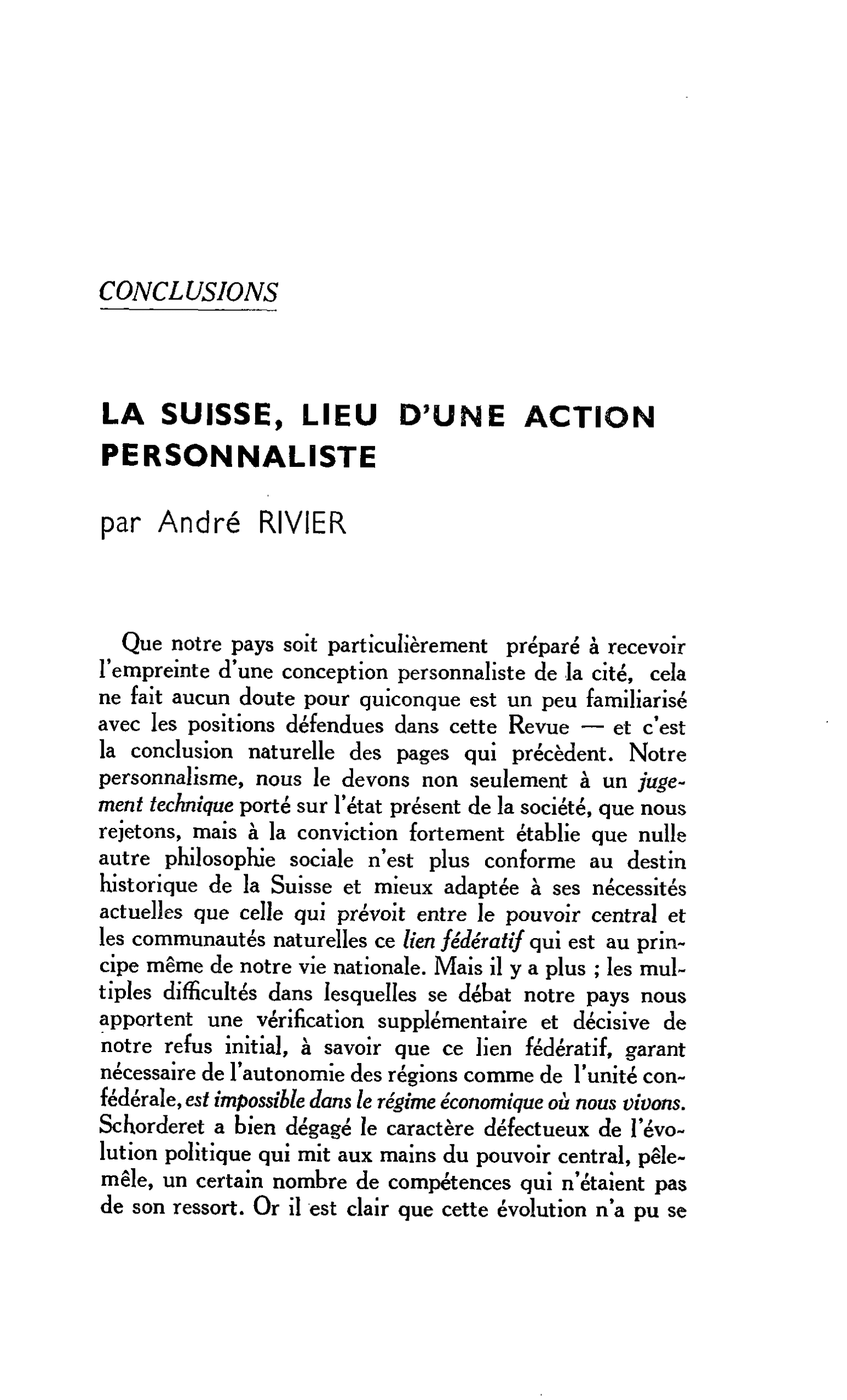 CONCLUSIONS LA SUISSE, LIEU D’UNE ACTION PERSONNALISTE