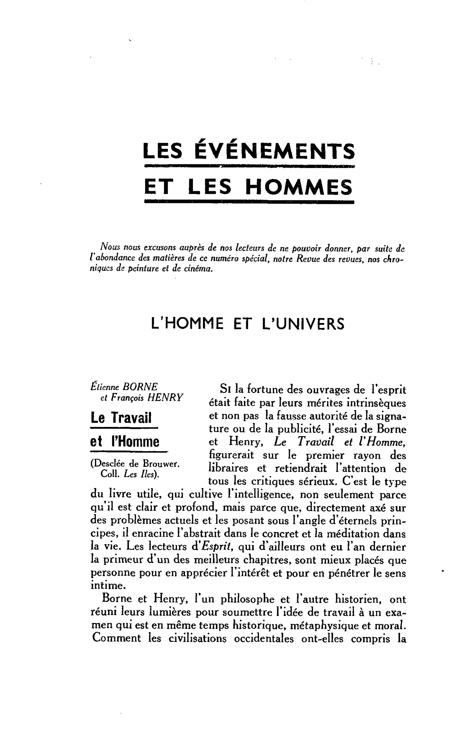 L’HOMME ET L’UNIVERS. Etienne BORNE et François HENRY : Le Travail et l’Homme