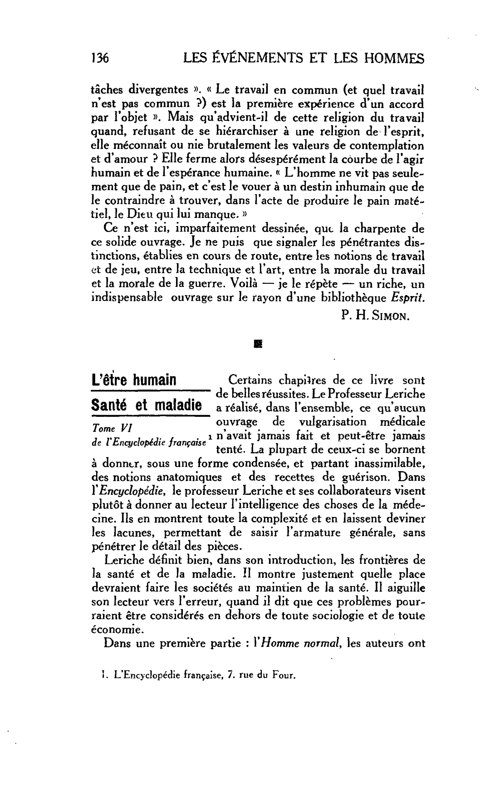 L’HOMME ET L’UNIVERS. L’être humain. Santé et maladie : Tome VI de l’Encyclopédie française