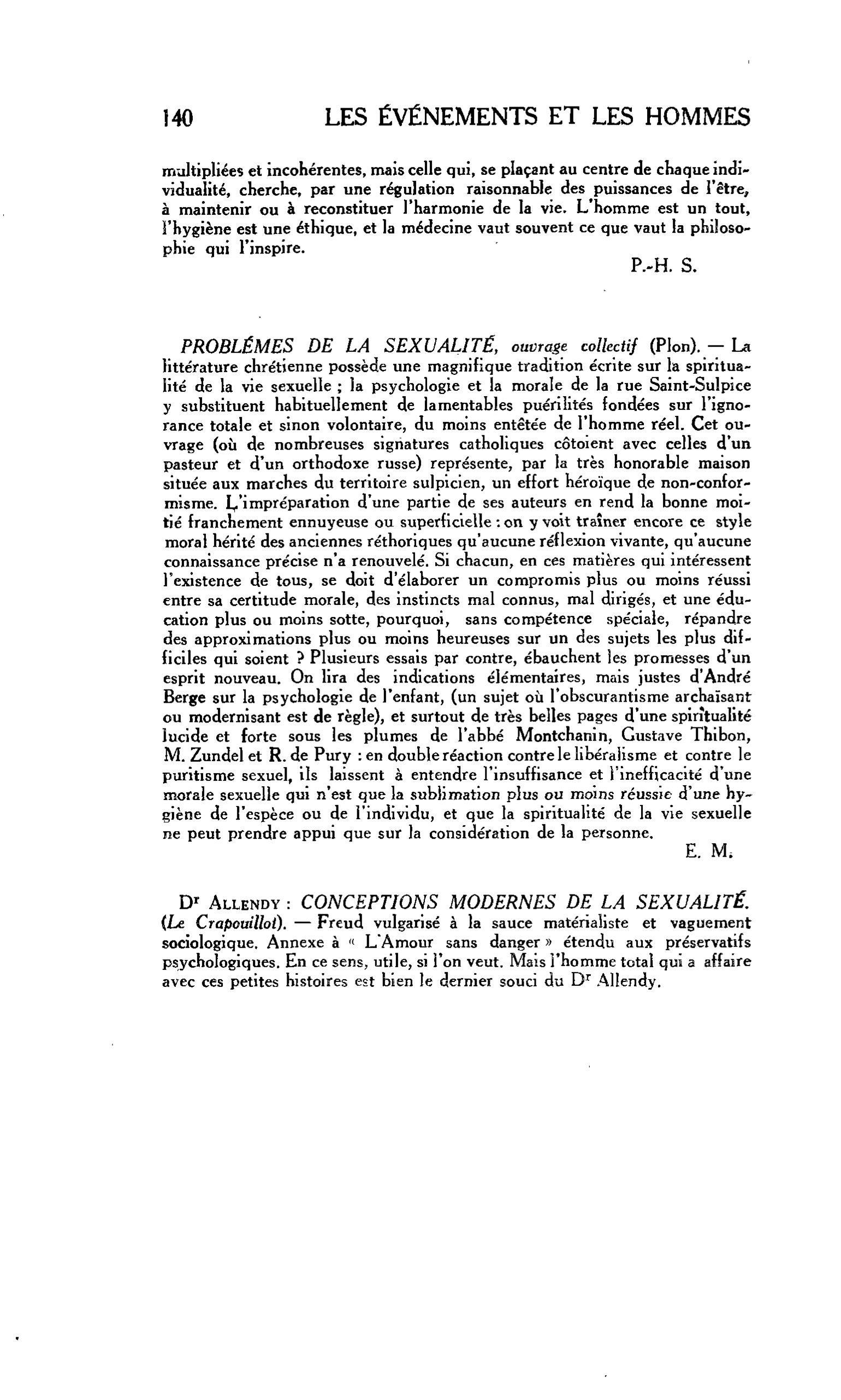 L’HOMME ET L’UNIVERS. Dr Allendy : CONCEPTIONS MODERNES DE LA SEXUALITÉ