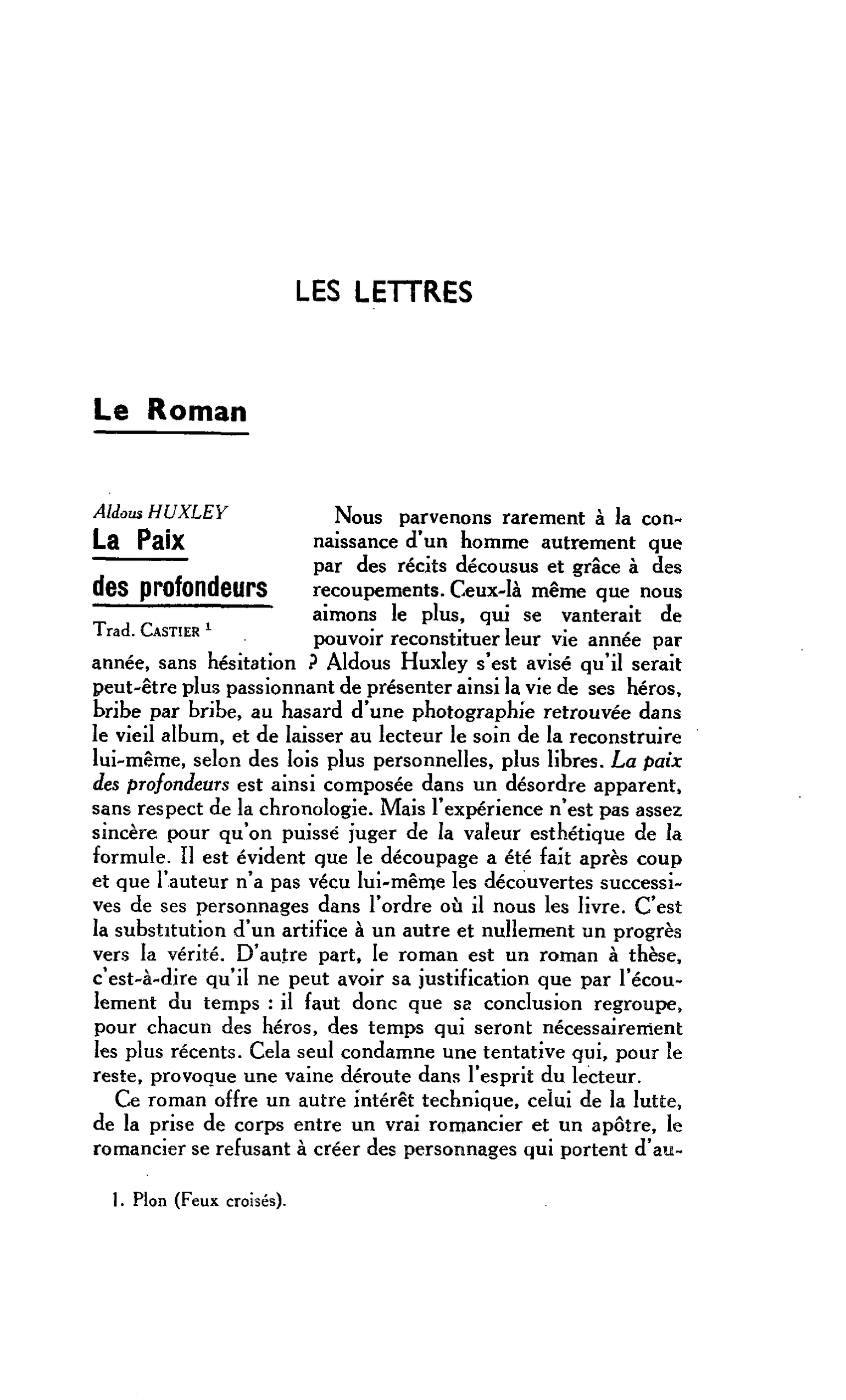 LES LETTRES. Le Roman. Aidons HUXLEY : La Paix des profondeurs