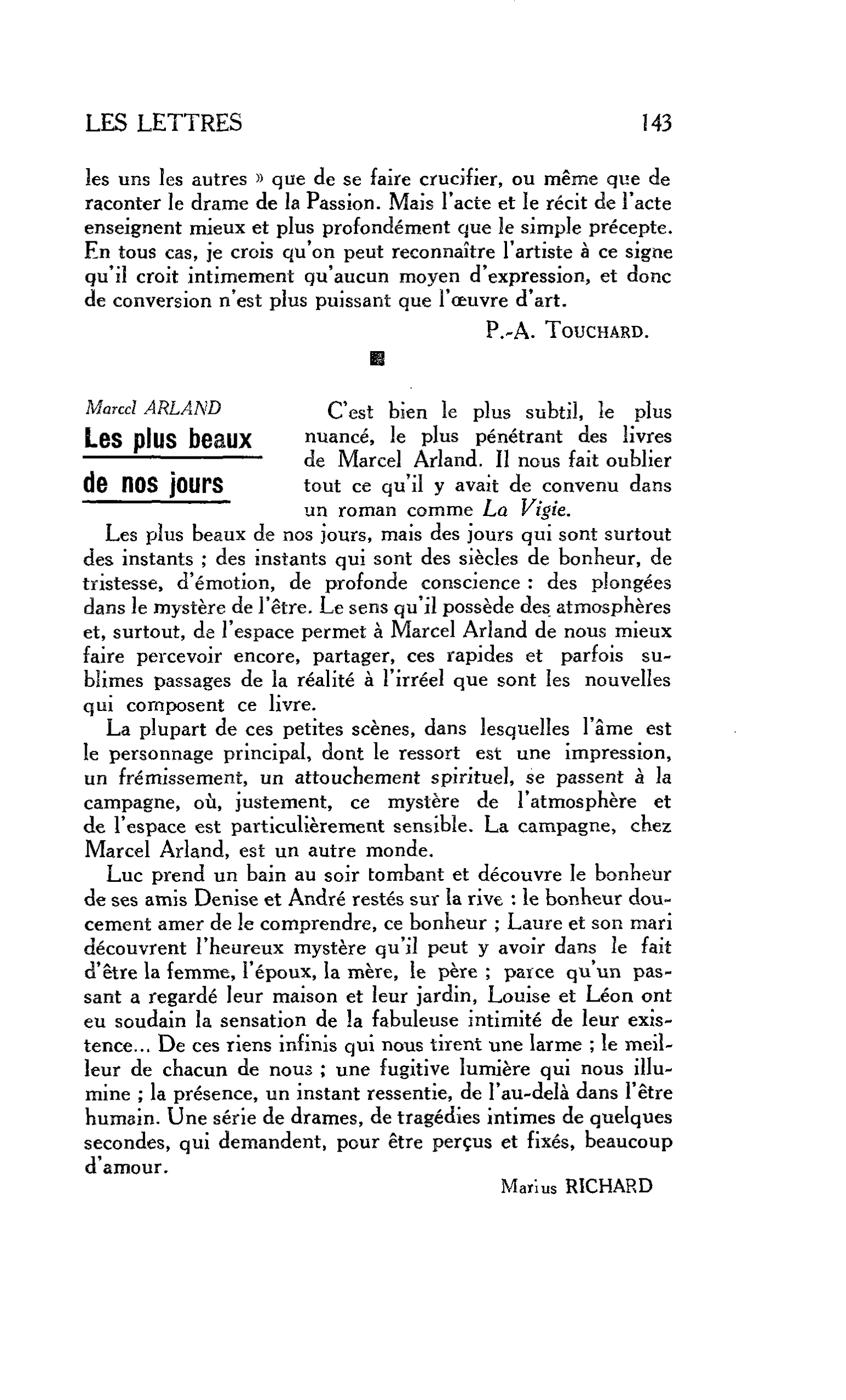 LES LETTRES. Marcel ARLAND : Les plus beaux de nos jours