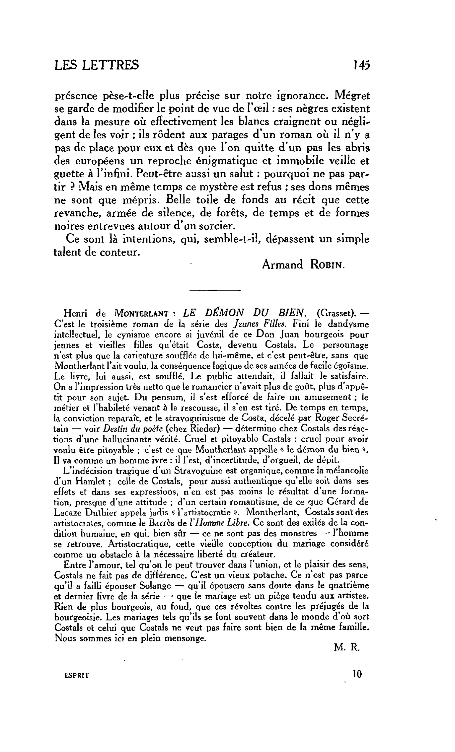 LES LETTRES. Henri de MONTERLANT : LE DÉMON DU BIEN