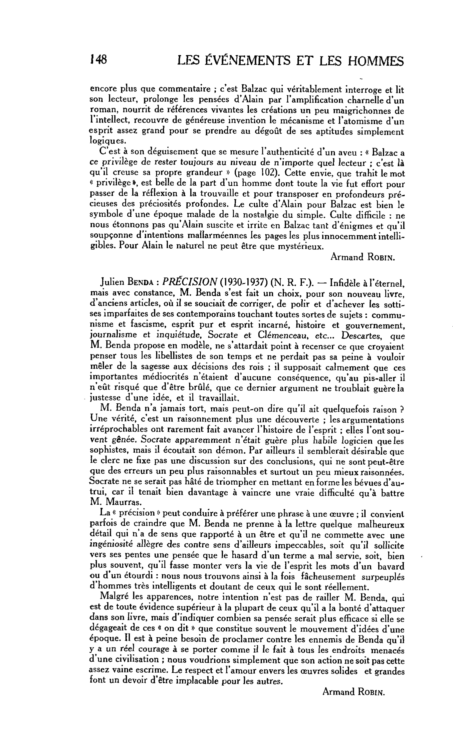 LES LETTRES. Julien Benda : PRÉCISION (1930-1937)