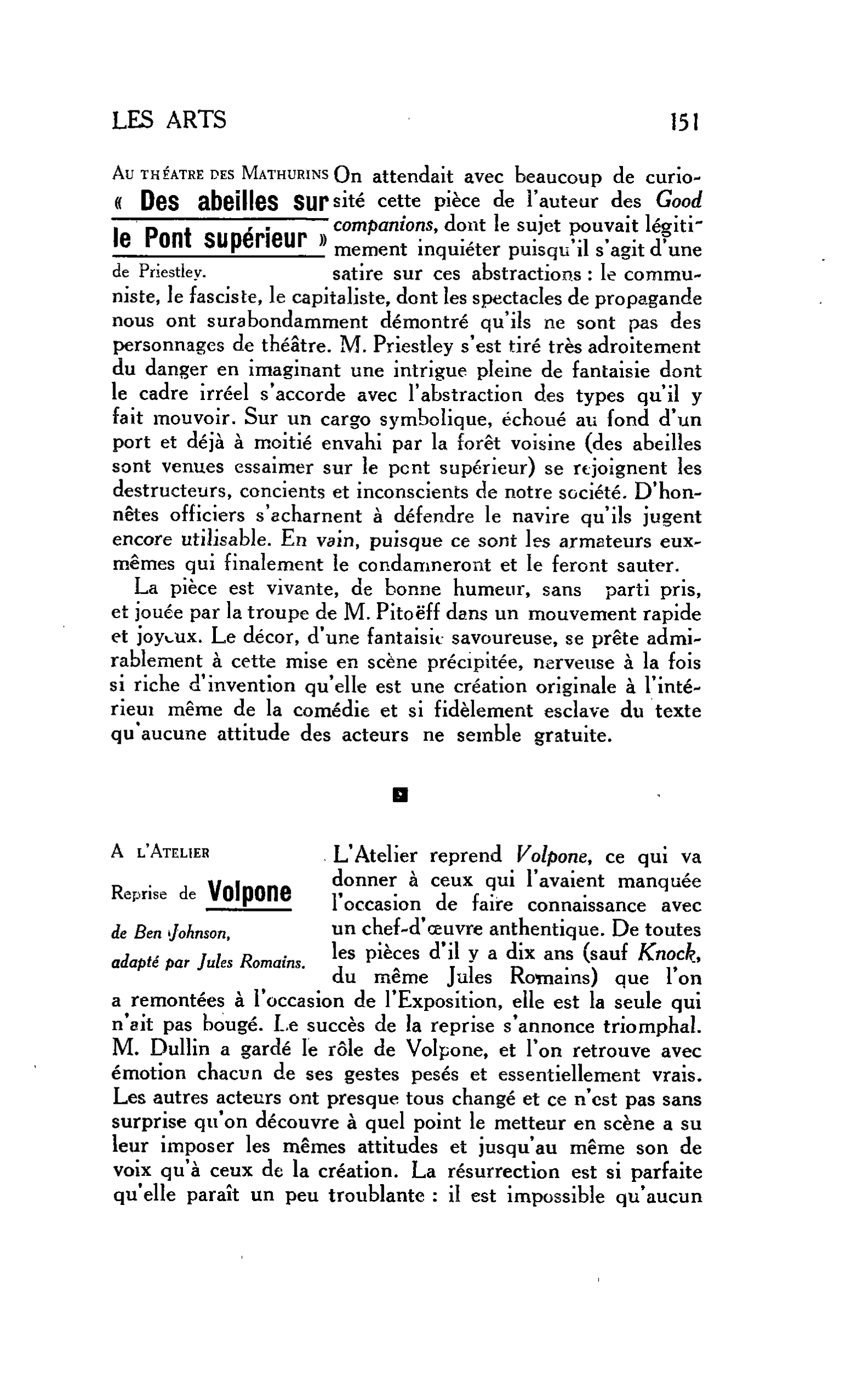 LES ARTS : A l’Atelier Reprise de Volpone de Ben Johnson, adapté par Jules Romains