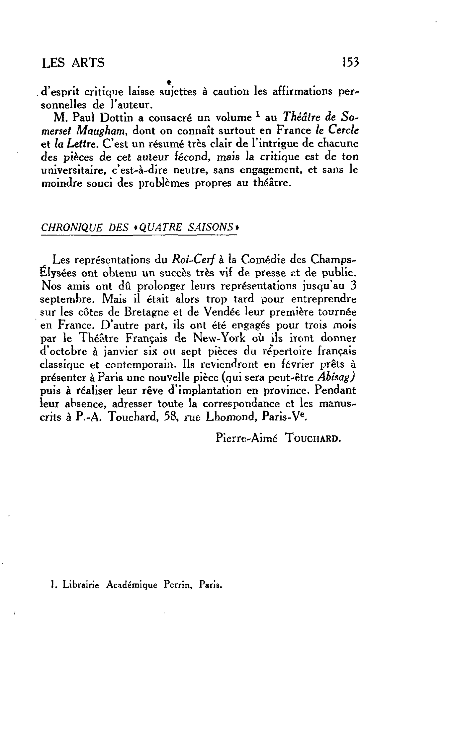 LES ARTS : CHRONIQUE DES « QUATRE SAISONS »