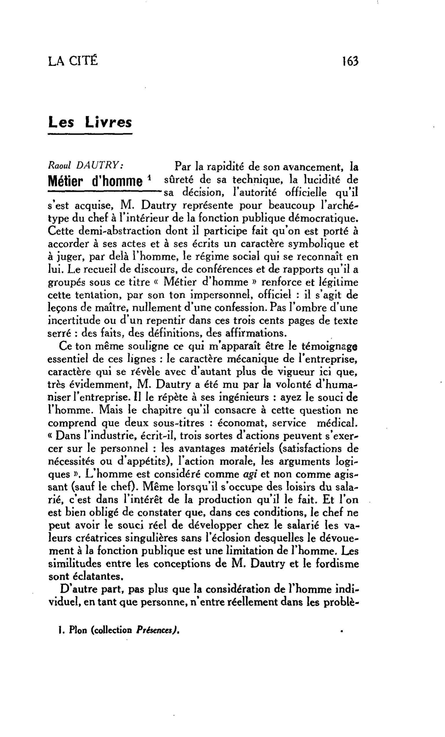 LA CITÉ. Les Livres. Raoul DAUTRY : Métier d’homme