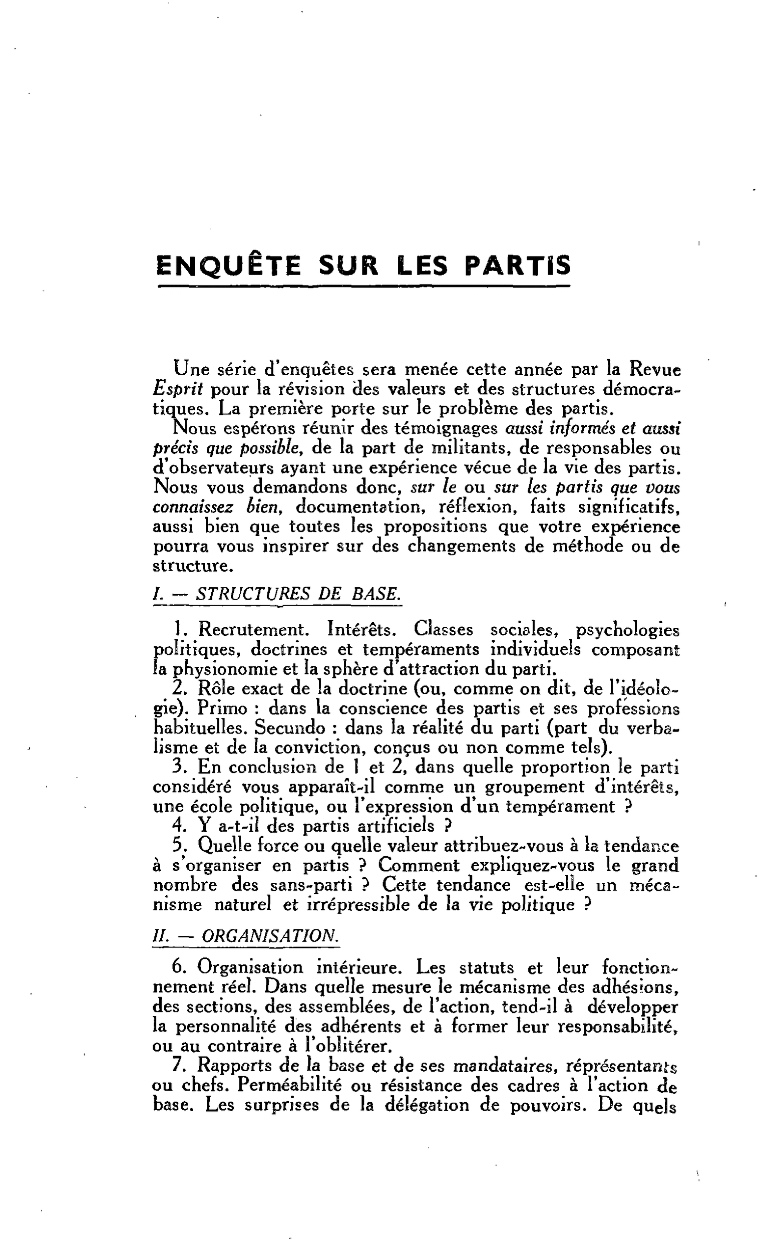 ENQUÊTE SUR LES PARTIS