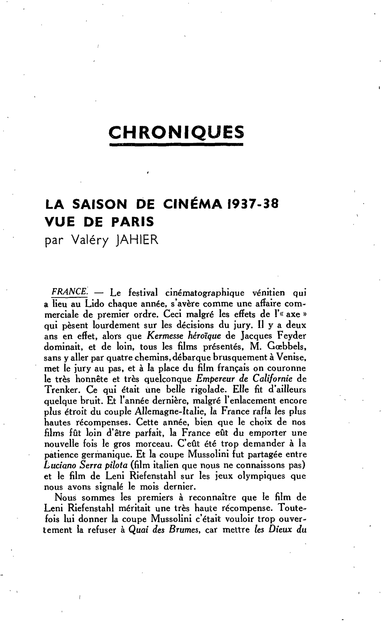 LA SAISON DE CINÉMA 1937-38 VUE DE PARIS