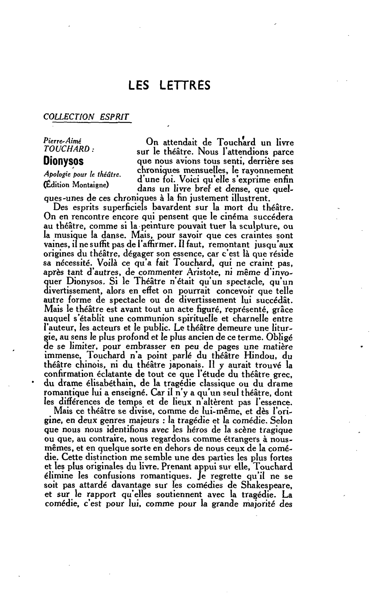 LES LETTRES COLLECTION ESPRIT. Pierre-Aimé TOUCHARD: Dionysos Apologie pour le théâtre