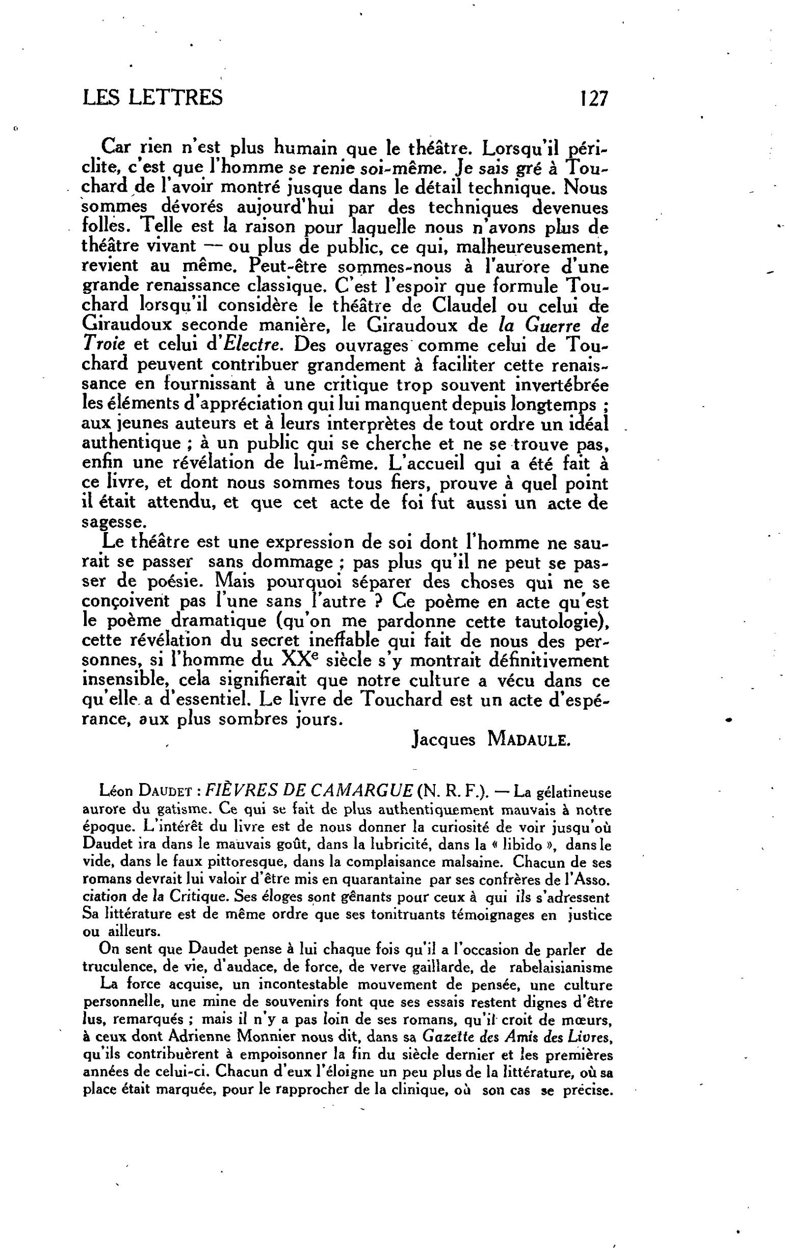 LES LETTRES. Léon Daudet : FIÈVRES DE CAMARGUE (N. R. F.)