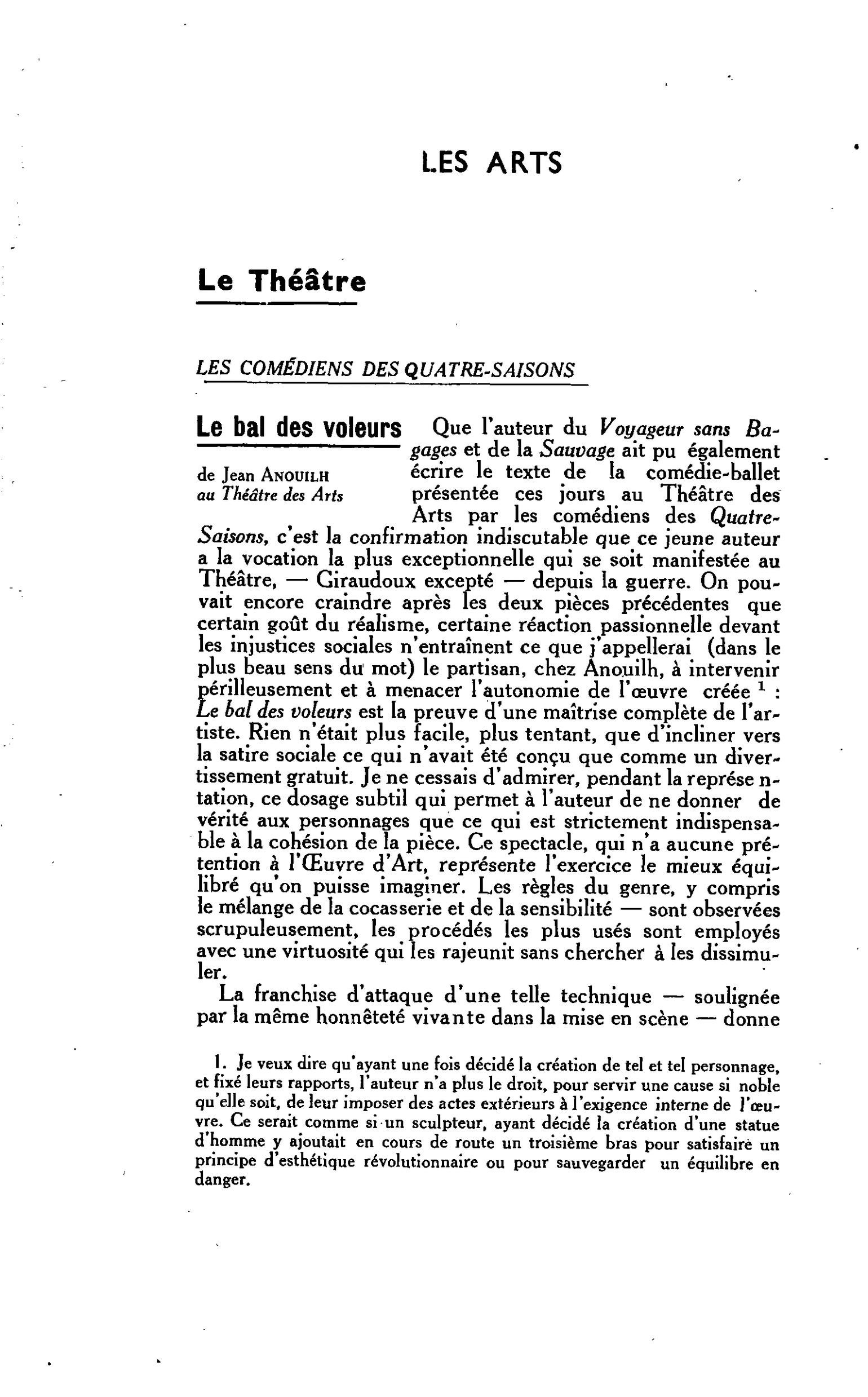 LES LETTRES. LES ARTS. Le Théâtre. LES COMÉDIENS DES QUATRE-SAISONS. Le bal des voleurs de Jean ANOUILH au Théâtre des Arts