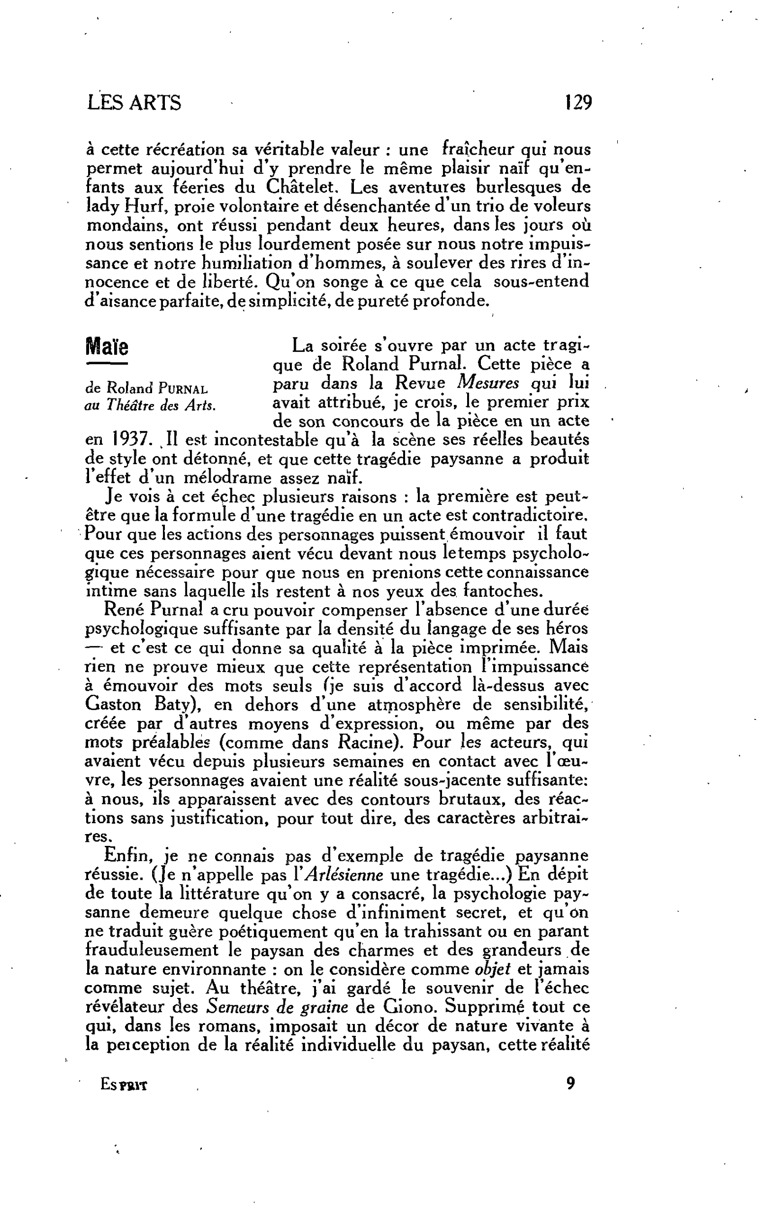 LES LETTRES : Maïe de Roland Purnal au Théâtre des Arts