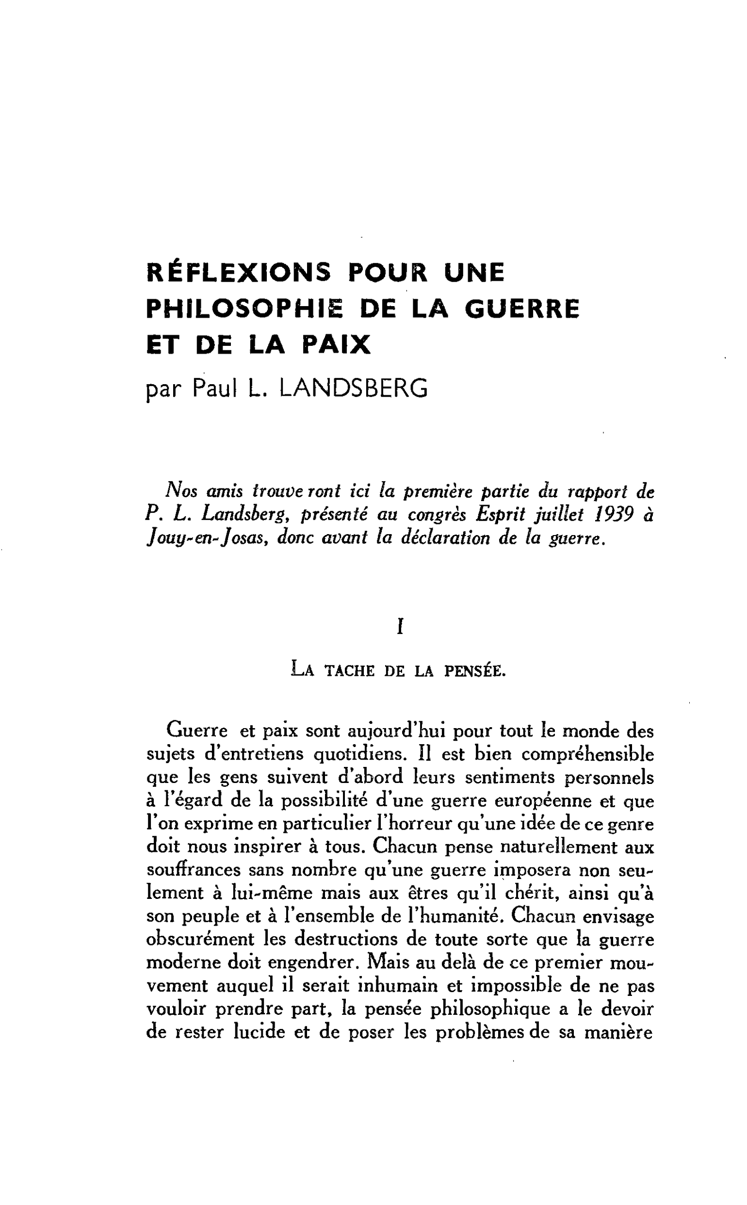 Réflexions pour une philosophie de la guerre et de la paix