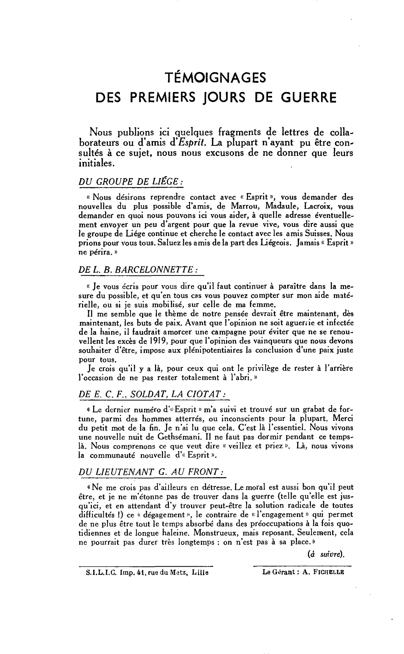 TÉMOIGNAGES DES PREMIERS JOURS DE GUERRE